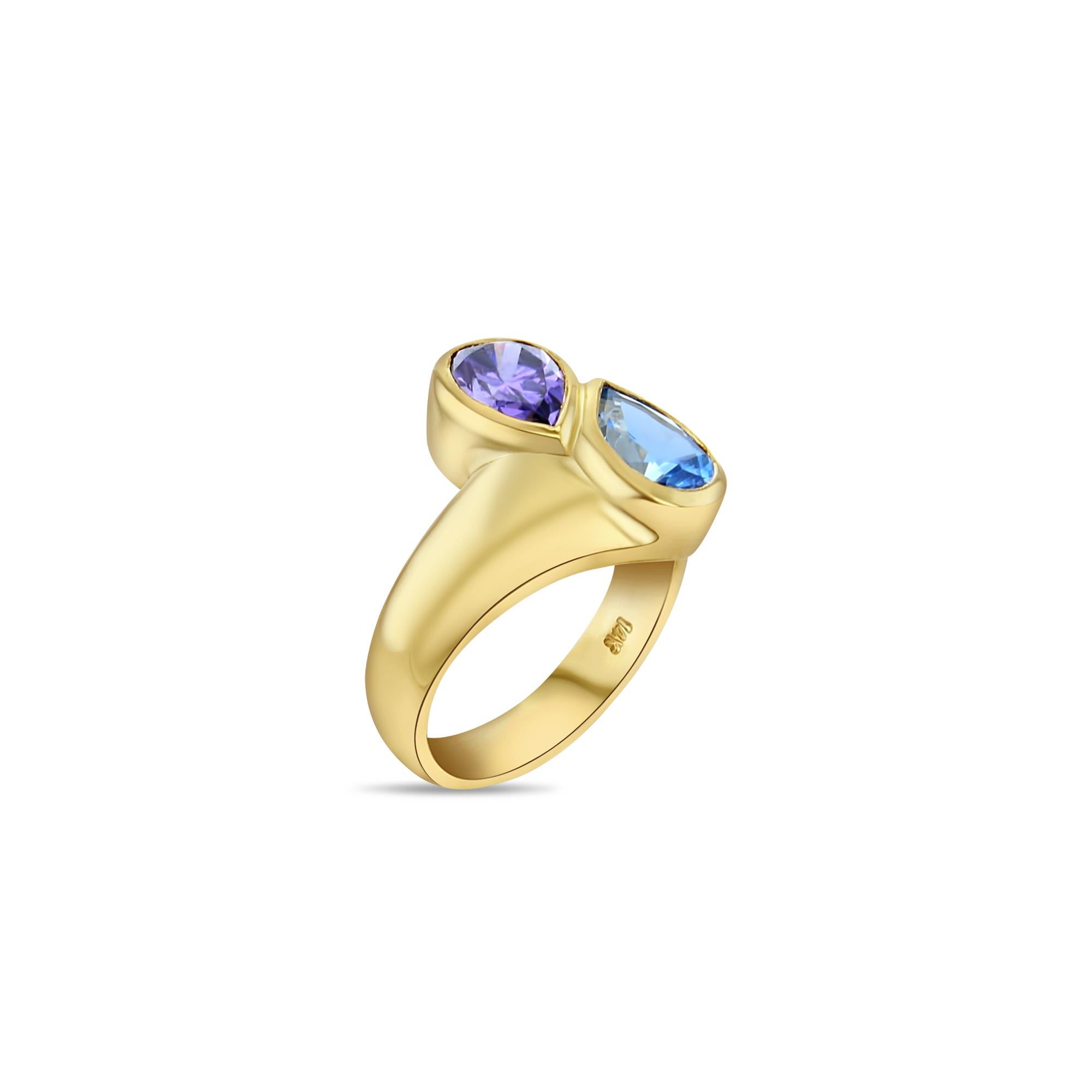 ♥ Product Summary ♥

Main Stone: Blue Topaz & Amethyst
Band Material: 14k Yellow Gold
Stone Cut: Pear
Weight: 6 grams
Dimensions: 16mm x 9mm
Stone Cut: Pear

Gemstones are Natural. Not enhanced, simulated or lab-created