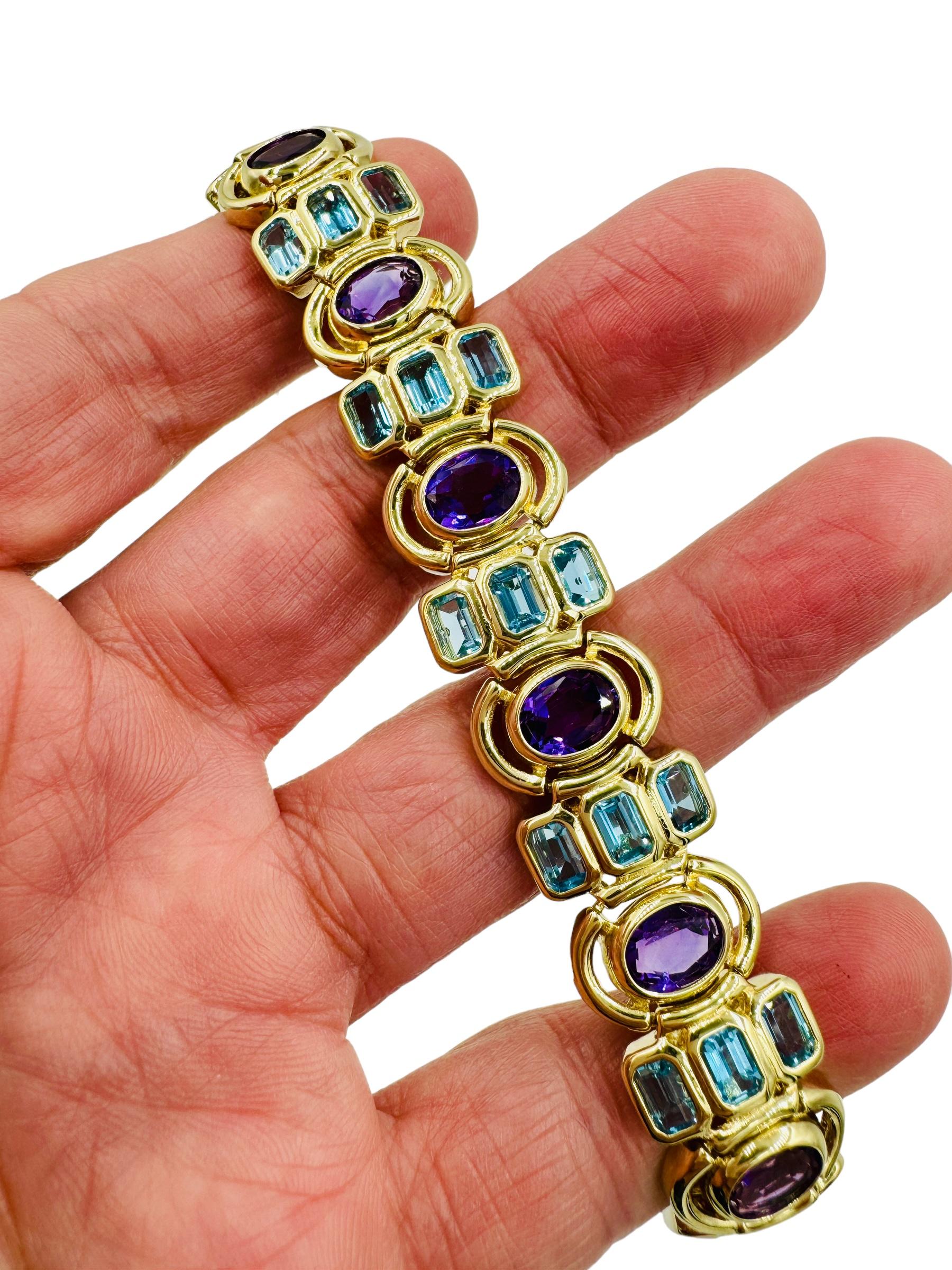Contemporary Blue Topaz Amethyst Yellow Gold Bracelet  For Sale
