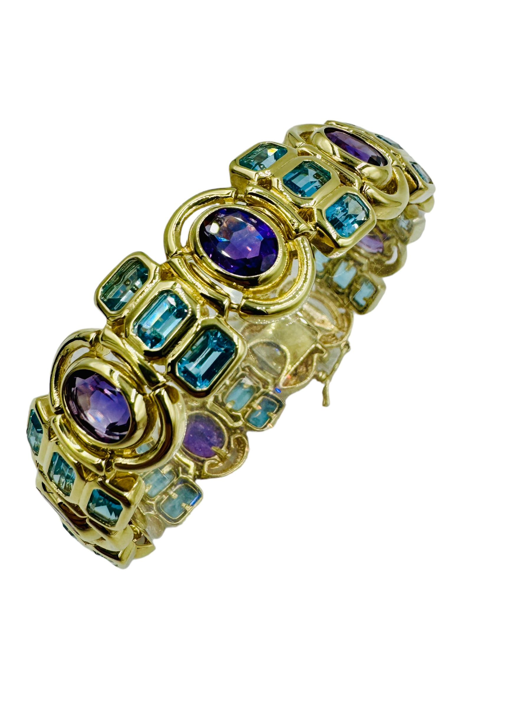 Women's or Men's Blue Topaz Amethyst Yellow Gold Bracelet  For Sale