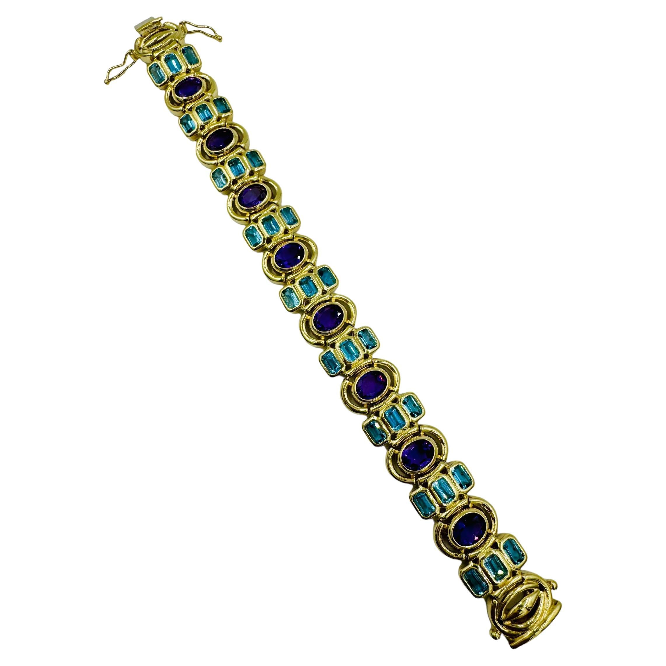 Blue Topaz Amethyst Yellow Gold Bracelet  For Sale