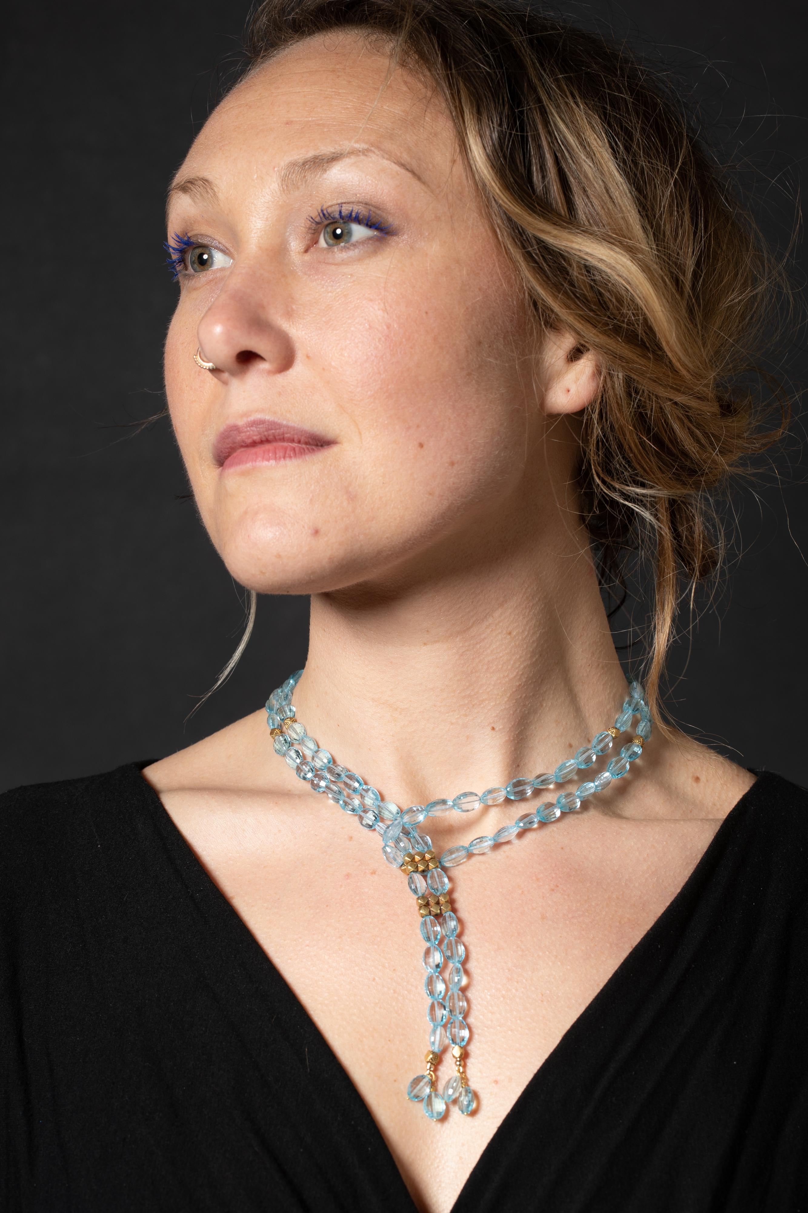 Oval Cut Aquamarine and 22K Gold Lariat Rope Necklace by Deborah Lockhart Phillips For Sale