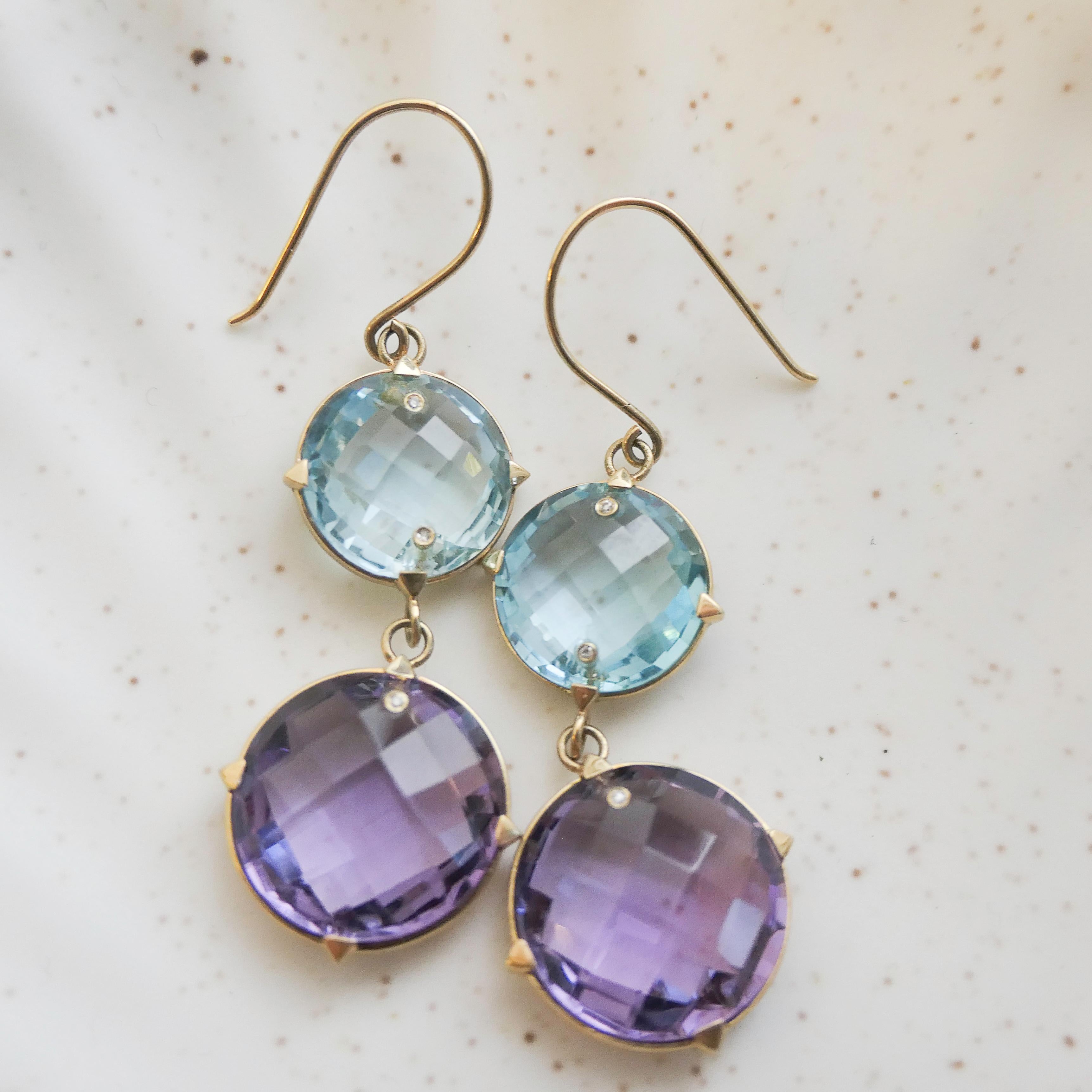 Blauer Topas und Amethyst Ohrringe aus 14kt Gelbgold im Angebot 5