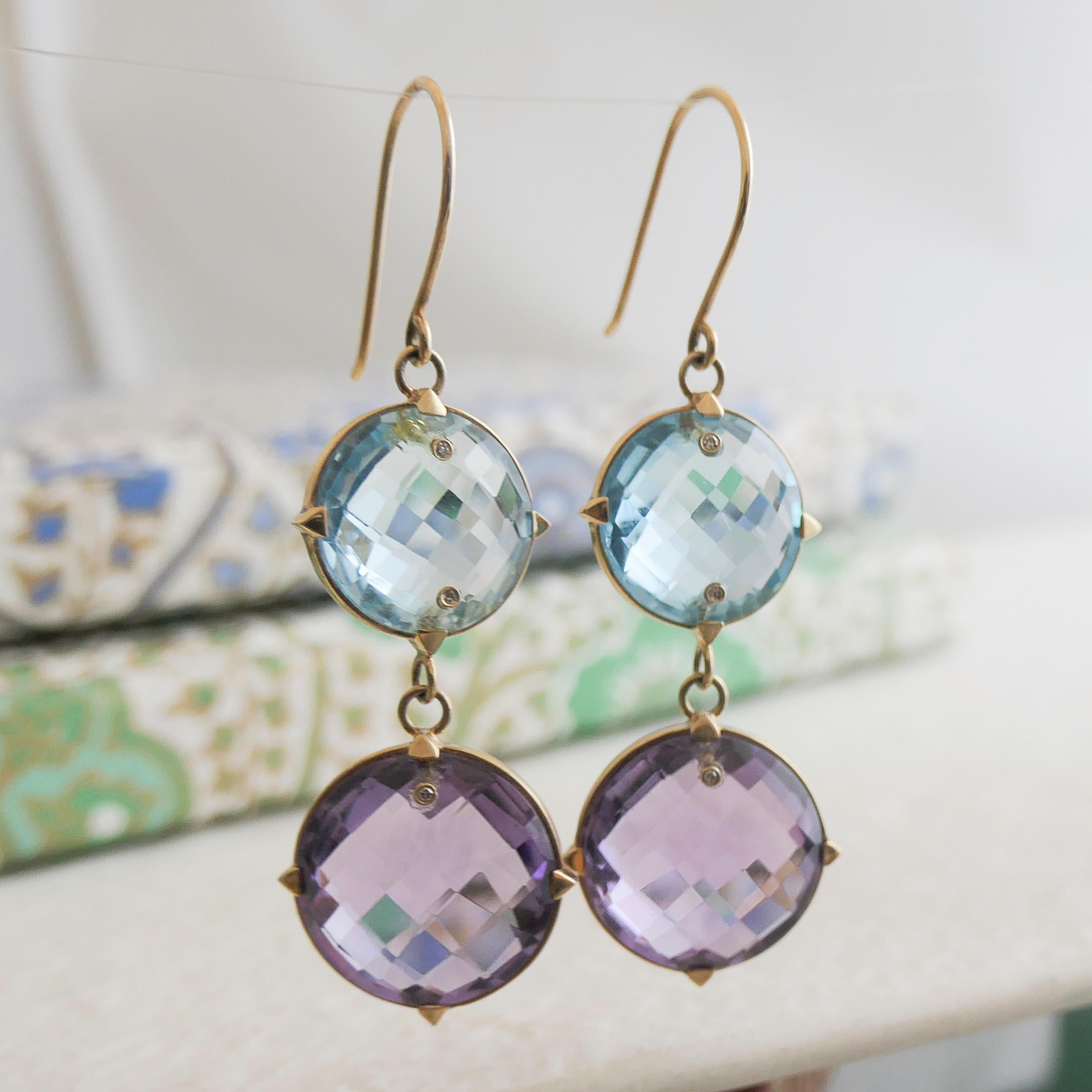 Blauer Topas und Amethyst Ohrringe aus 14kt Gelbgold im Zustand „Neu“ im Angebot in Oslo, 03