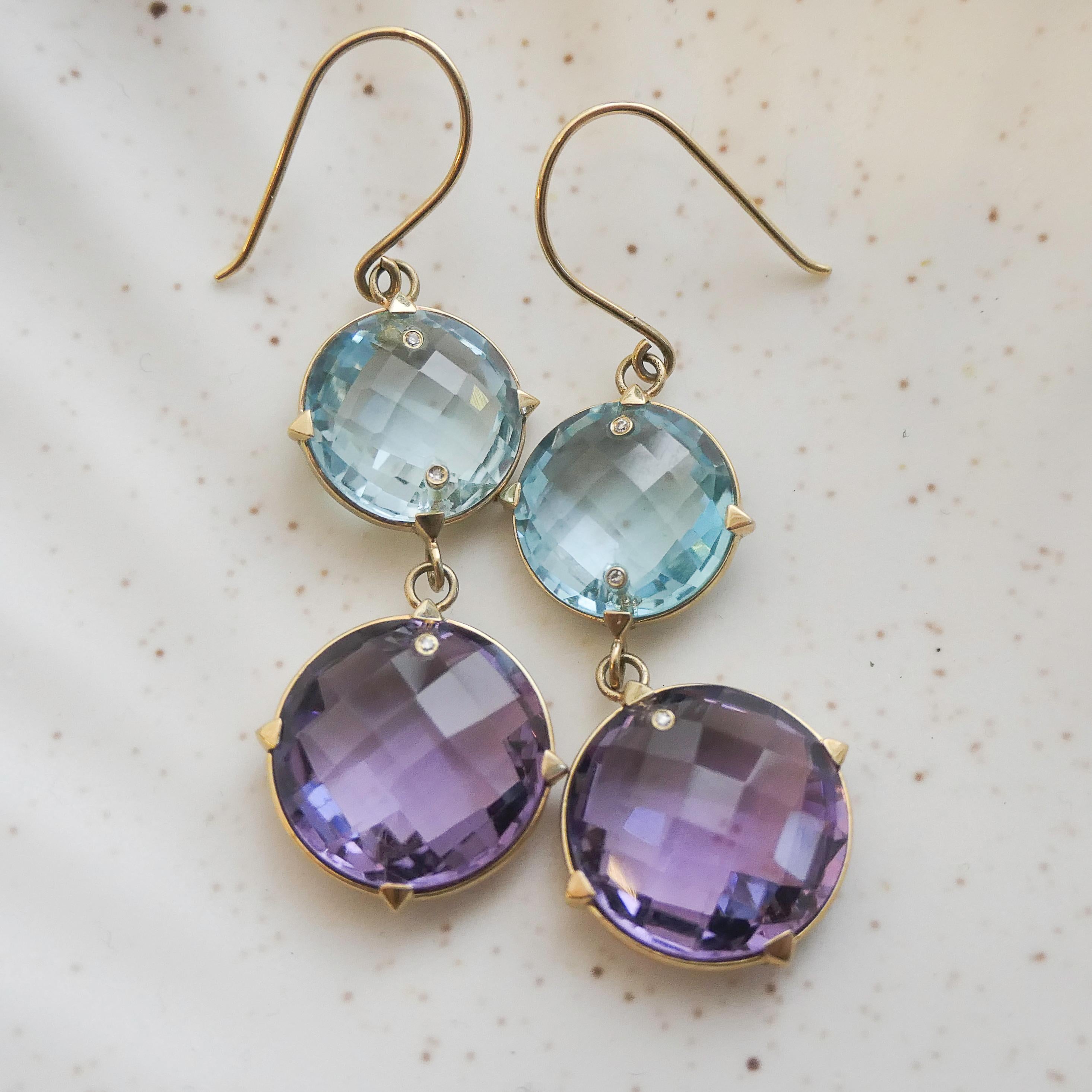 Blauer Topas und Amethyst Ohrringe aus 14kt Gelbgold Damen im Angebot