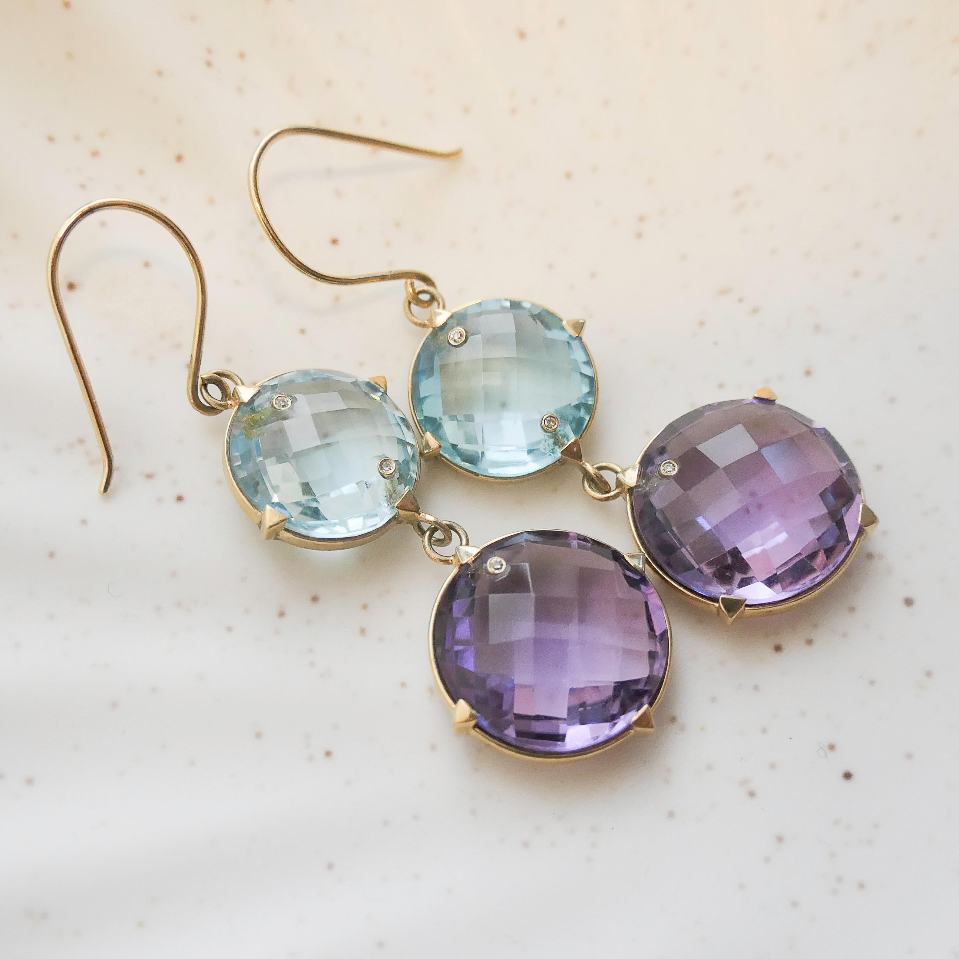 Blauer Topas und Amethyst Ohrringe aus 14kt Gelbgold im Angebot 1