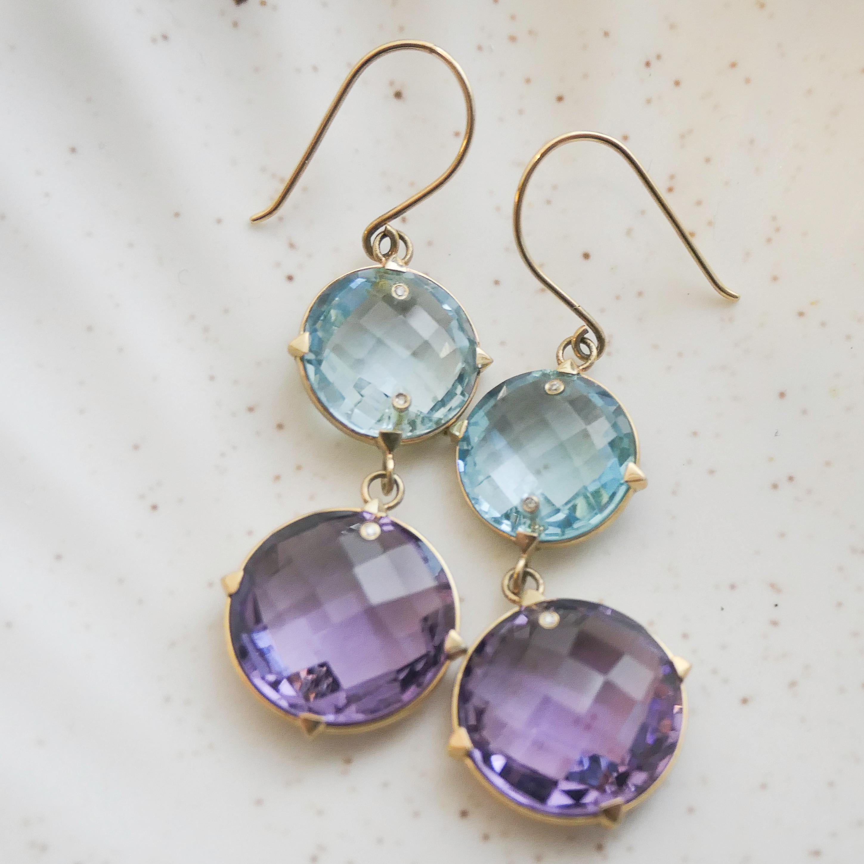 Blauer Topas und Amethyst Ohrringe aus 14kt Gelbgold im Angebot 2