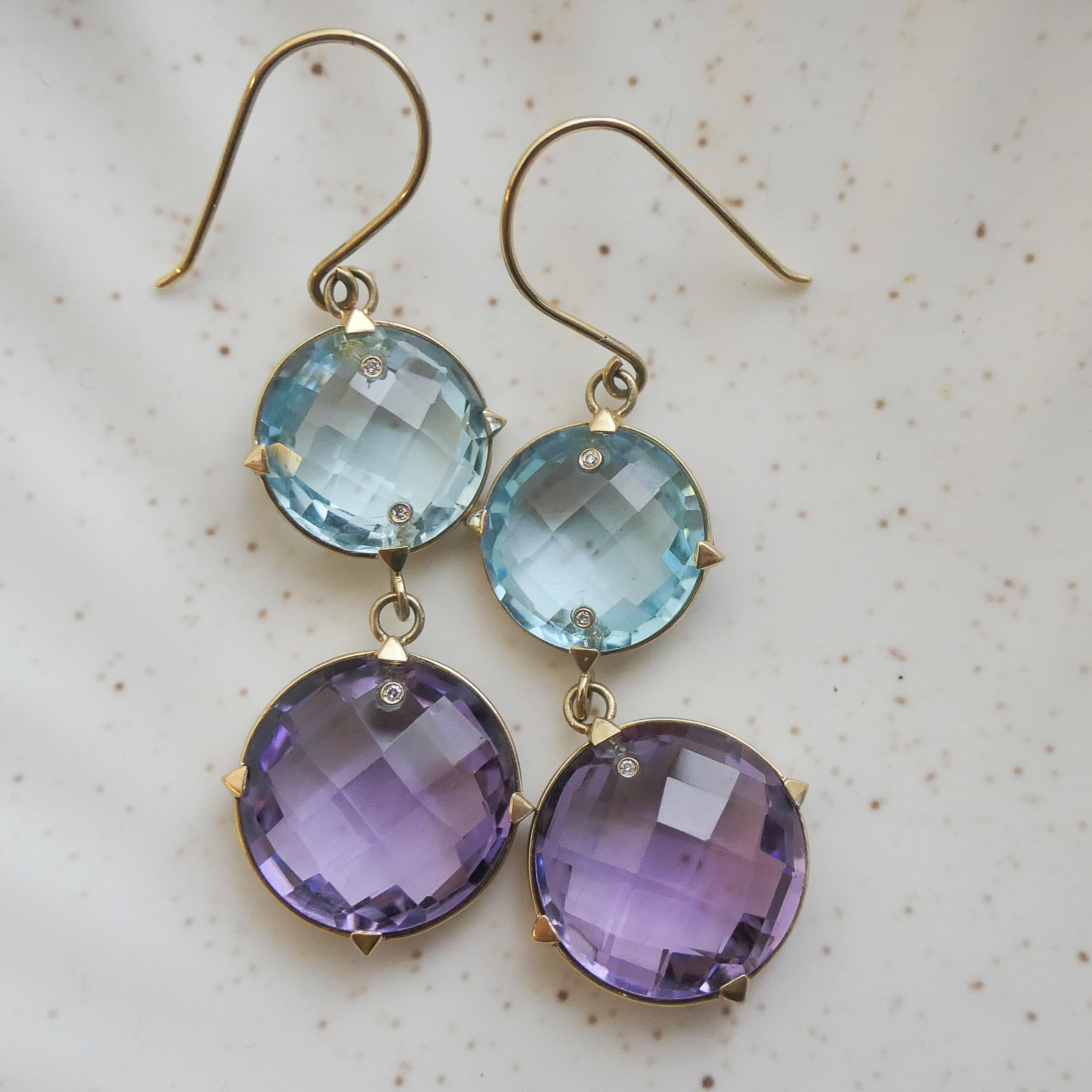 Blauer Topas und Amethyst Ohrringe aus 14kt Gelbgold im Angebot 3