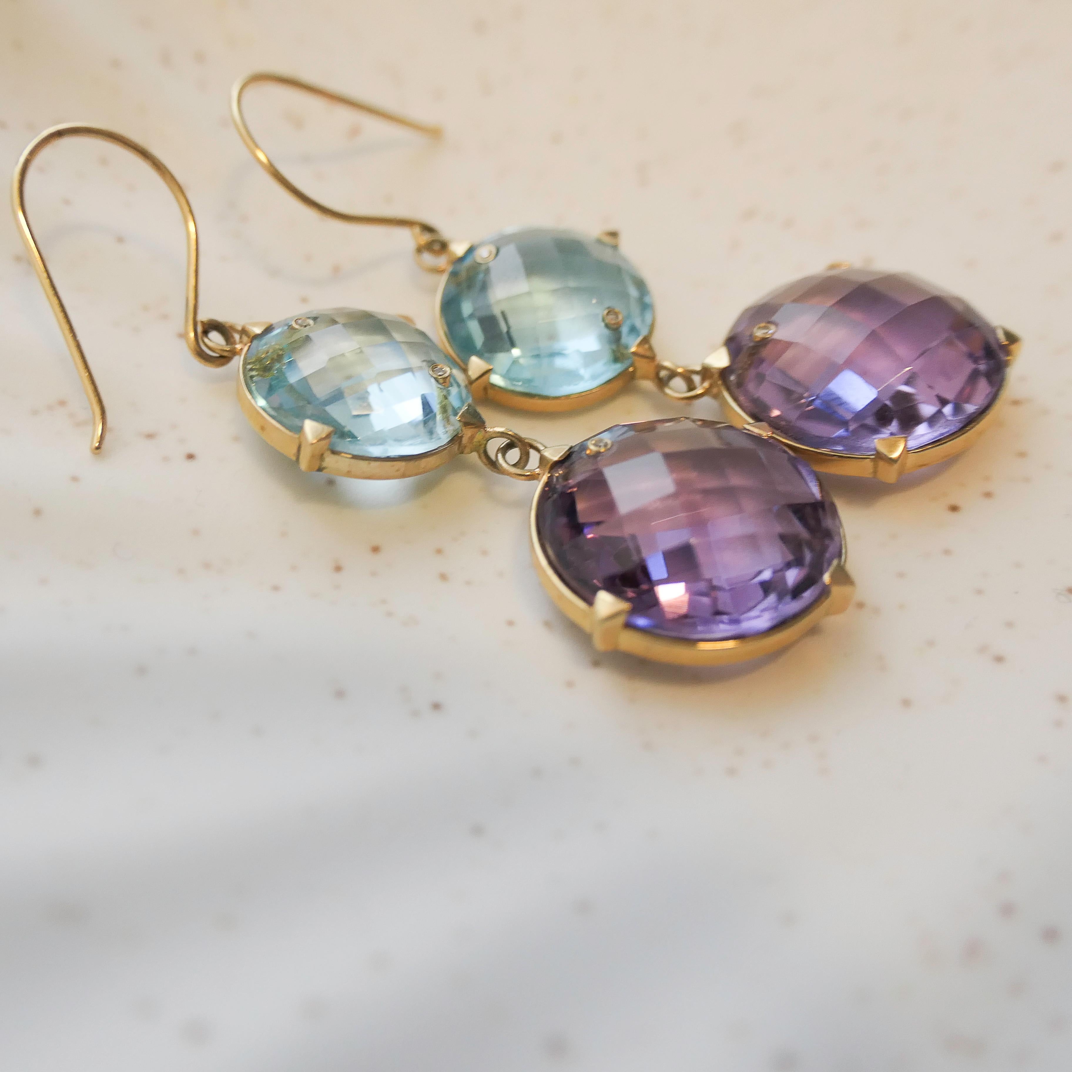 Blauer Topas und Amethyst Ohrringe aus 14kt Gelbgold im Angebot 4