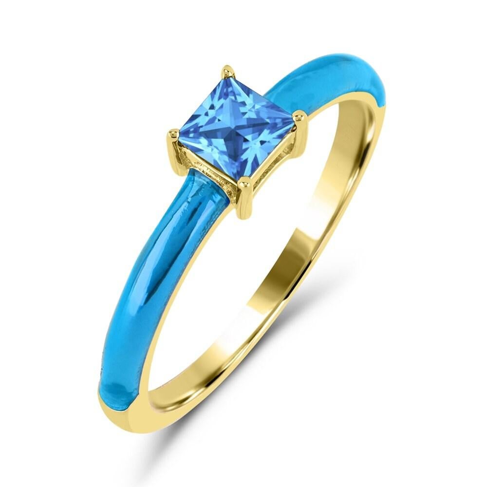 Contemporary Blue Topaz and Blue Enamel Slim Band Ring in 14K Gold over Sterling Silver For Sale