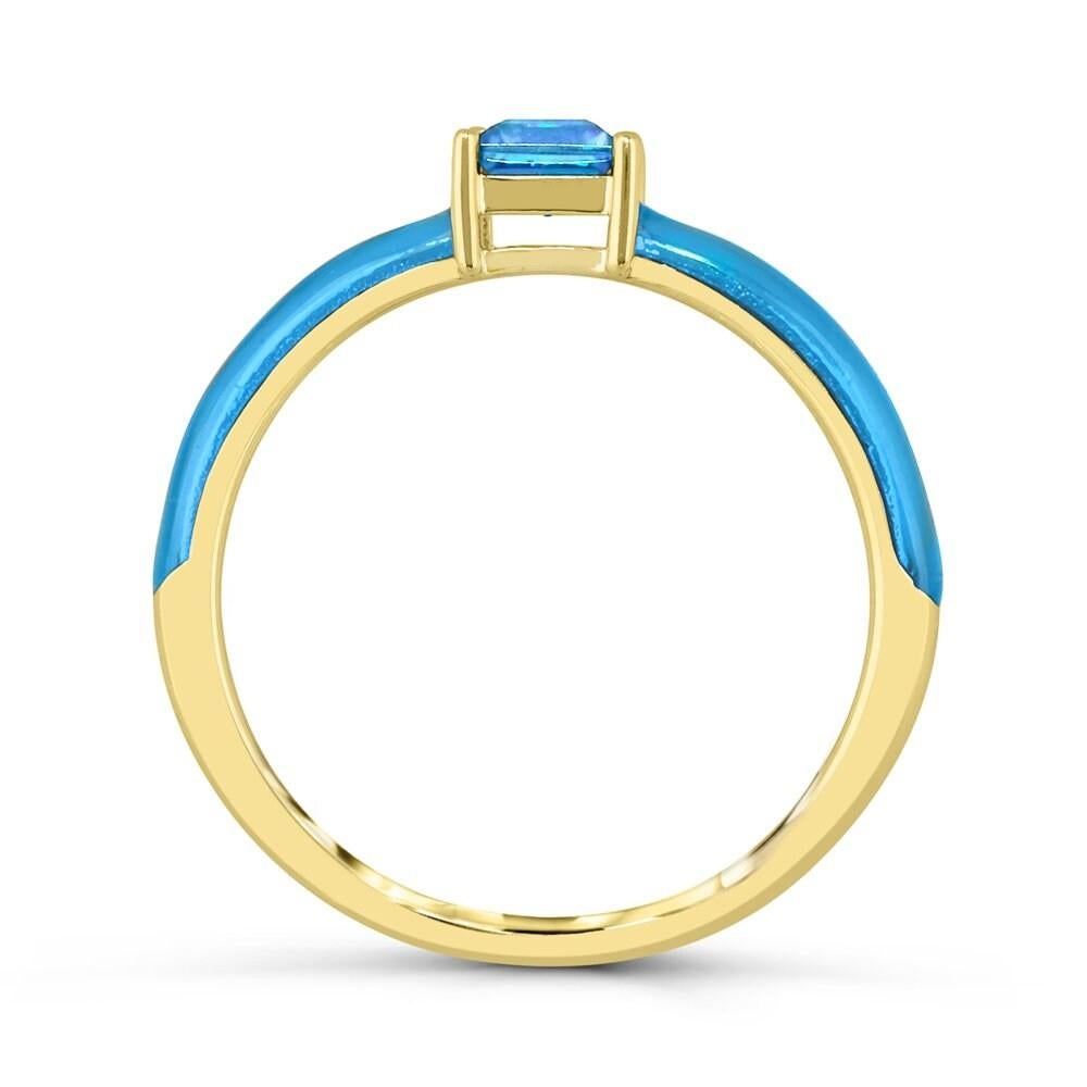 Square Cut Blue Topaz and Blue Enamel Slim Band Ring in 14K Gold over Sterling Silver For Sale