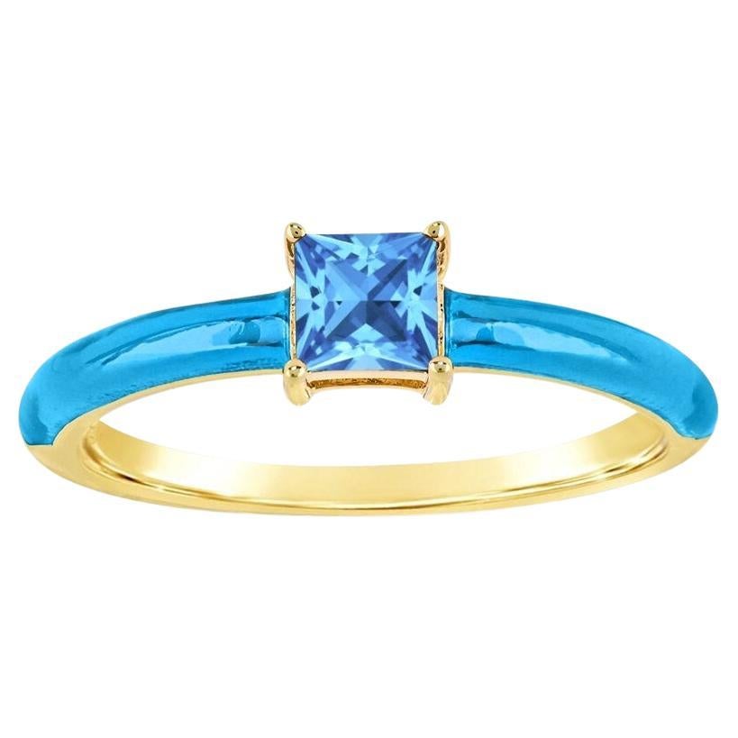 Blue Topaz and Blue Enamel Slim Band Ring in 14K Gold over Sterling Silver For Sale
