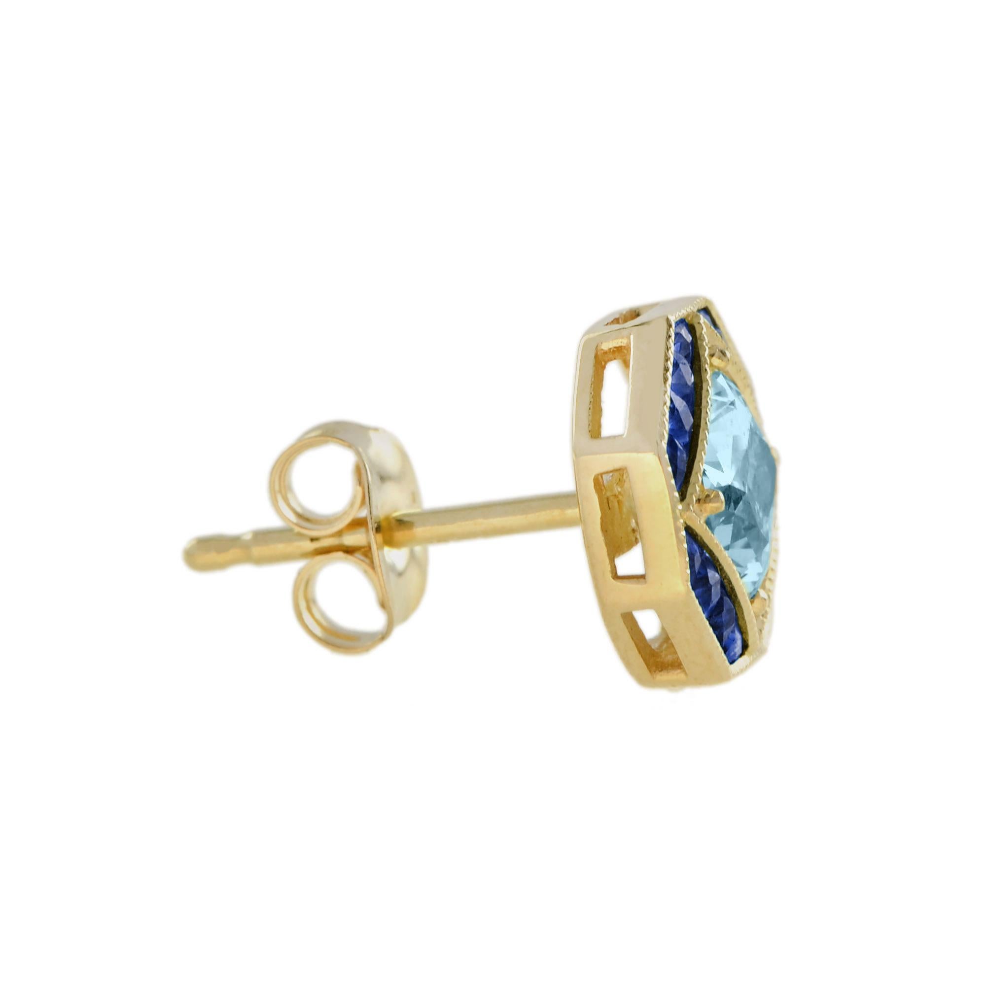 Round Cut Blue Topaz and Blue Sapphire Art Deco Style Stud Earrings in 14K Yellow Gold For Sale
