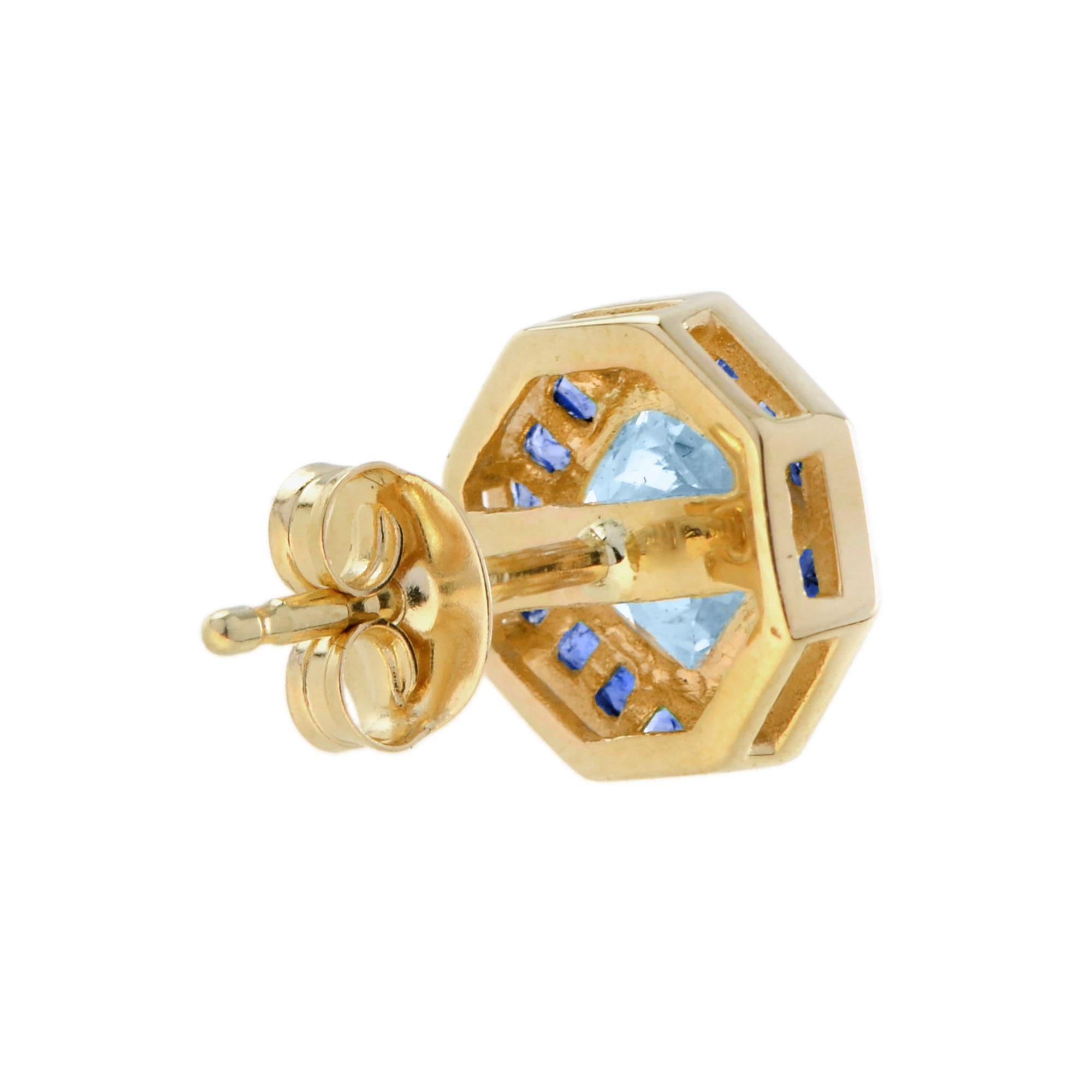 Blue Topaz and Blue Sapphire Art Deco Style Stud Earrings in 14K Yellow Gold In New Condition For Sale In Bangkok, TH