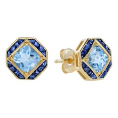Ohrstecker im Art-Déco-Stil aus 14 Karat Gelbgold mit blauem Topas und blauem Saphir
