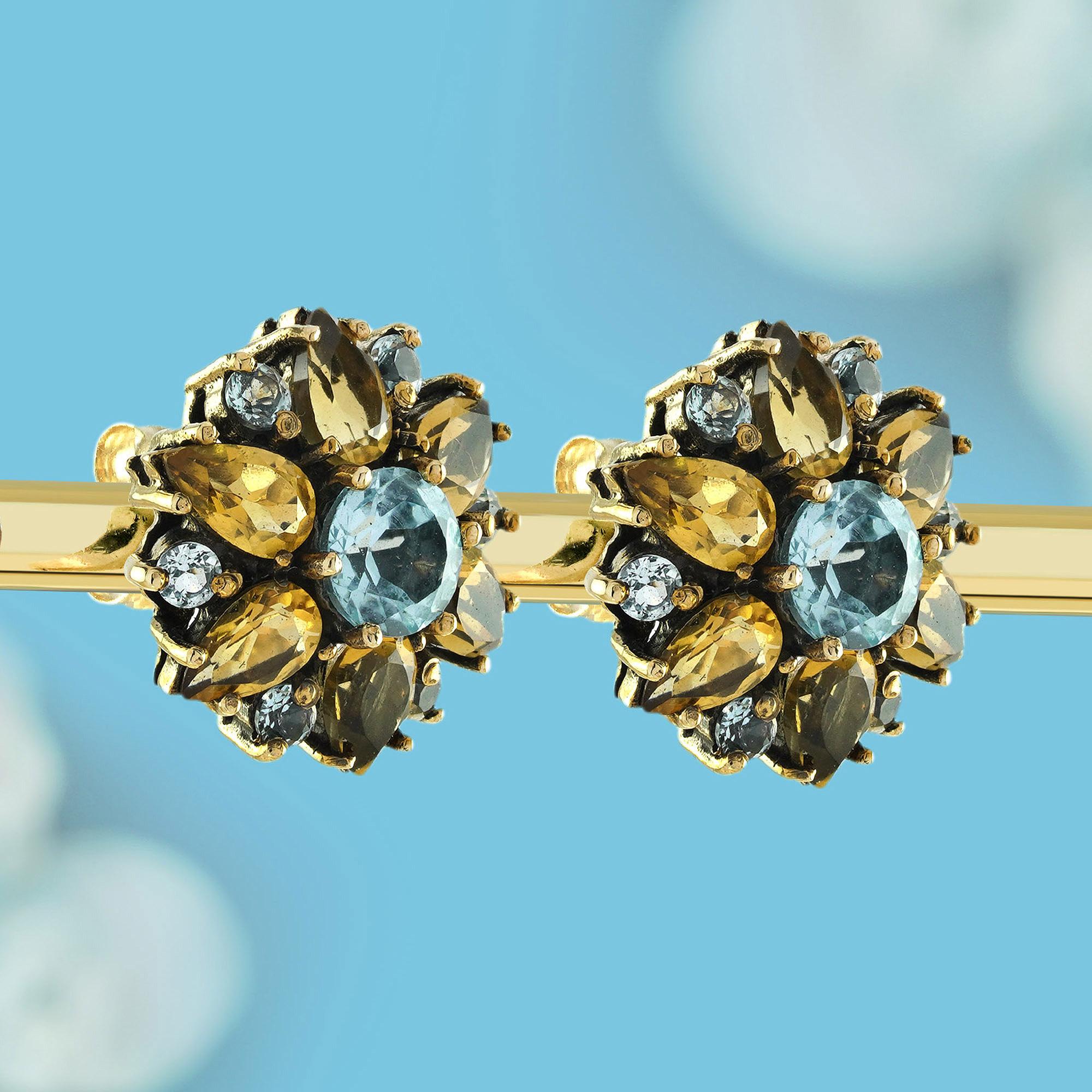Blauer Topas und  Citrin  Vintage-Ohrstecker im Vintage-Stil mit Blumenmuster 9K Gold (Edwardian) im Angebot