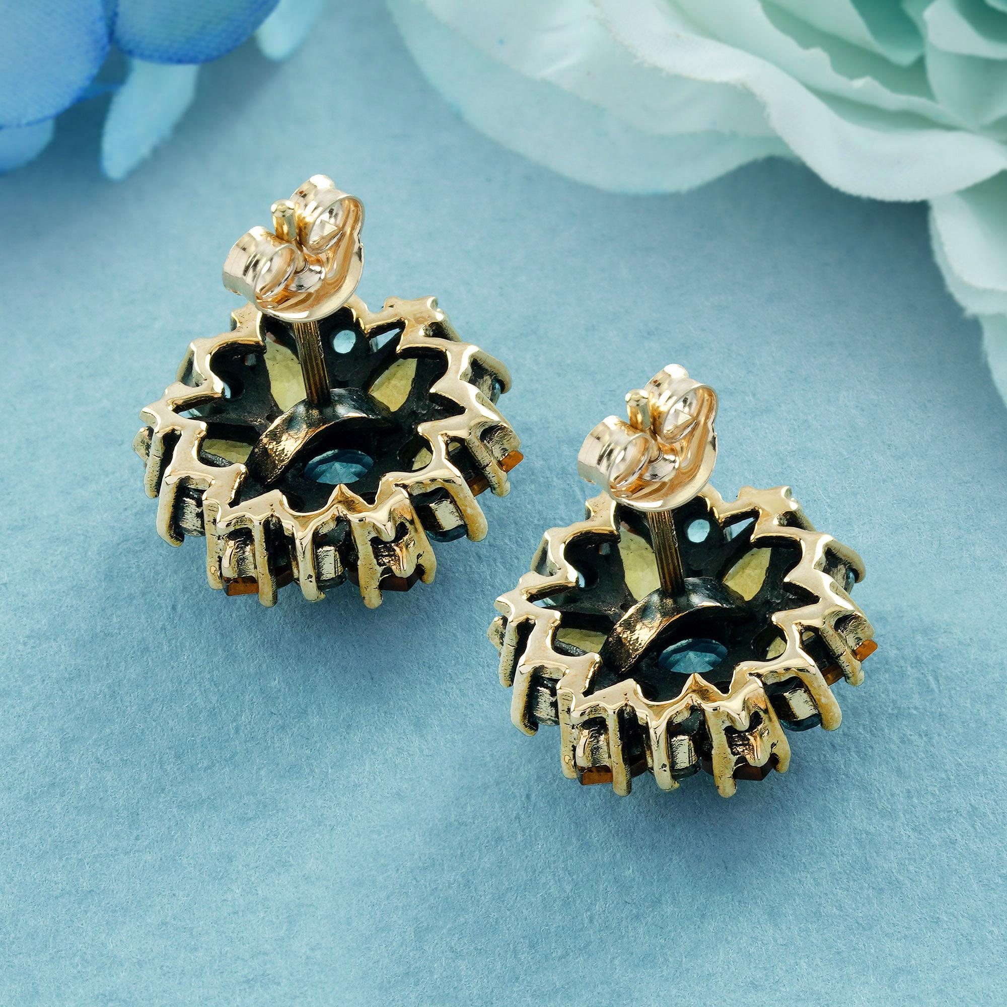 Blauer Topas und  Citrin  Vintage-Ohrstecker im Vintage-Stil mit Blumenmuster 9K Gold (Rundschliff) im Angebot