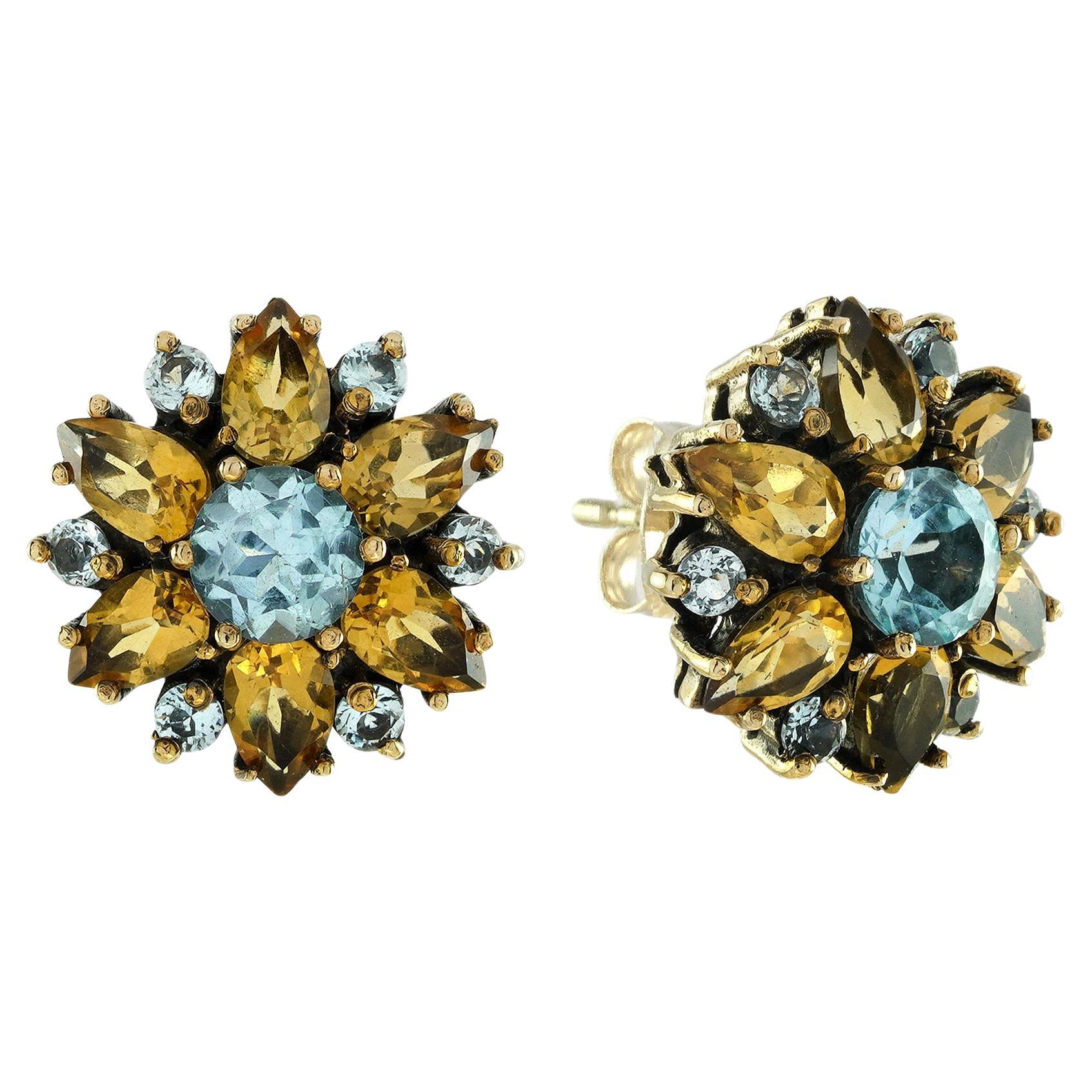 Blue Topaz and  Citrine  Vintage Style Floral Stud Earrings 9K Gold