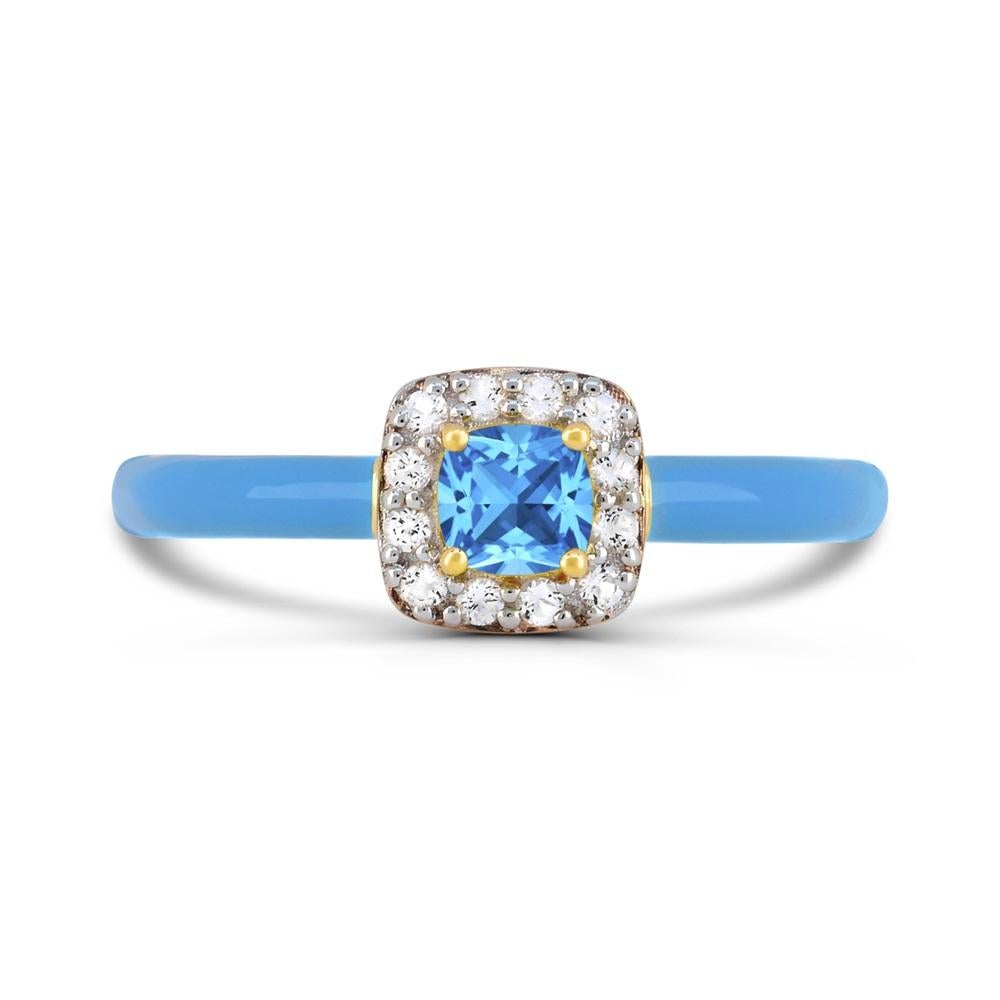 This elegant ring features one cushion-cut Swiss blue topaz halo sets by round-cut created white sapphire gemstones between blue enamel shank on top of a slim band in 14K yellow gold over sterling silver. 

Metal: 14K Yellow Gold over Sterling