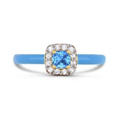 Blue Topaz and Created White Sapphire Enamel Slim Ring in 14K Gold over Silver