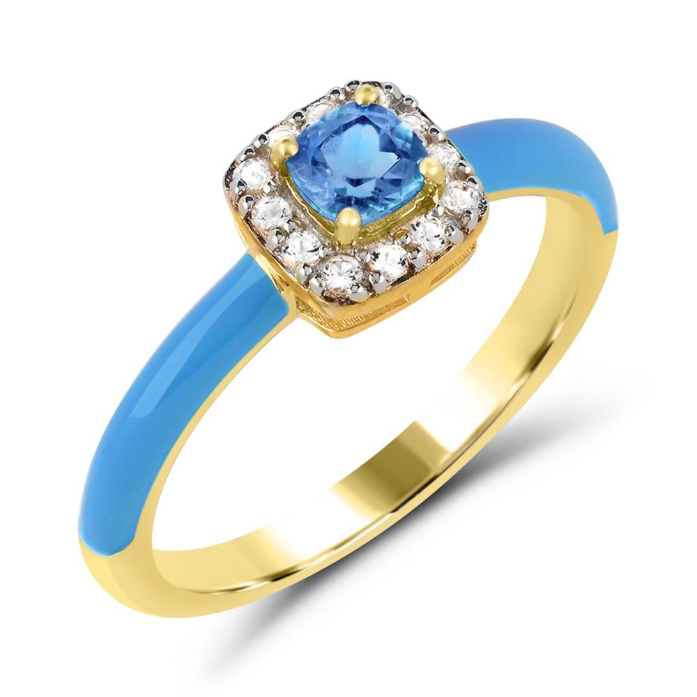 Contemporary Blue Topaz and Created White Sapphire Enamel Slim Ring in 14K Gold over Silver For Sale