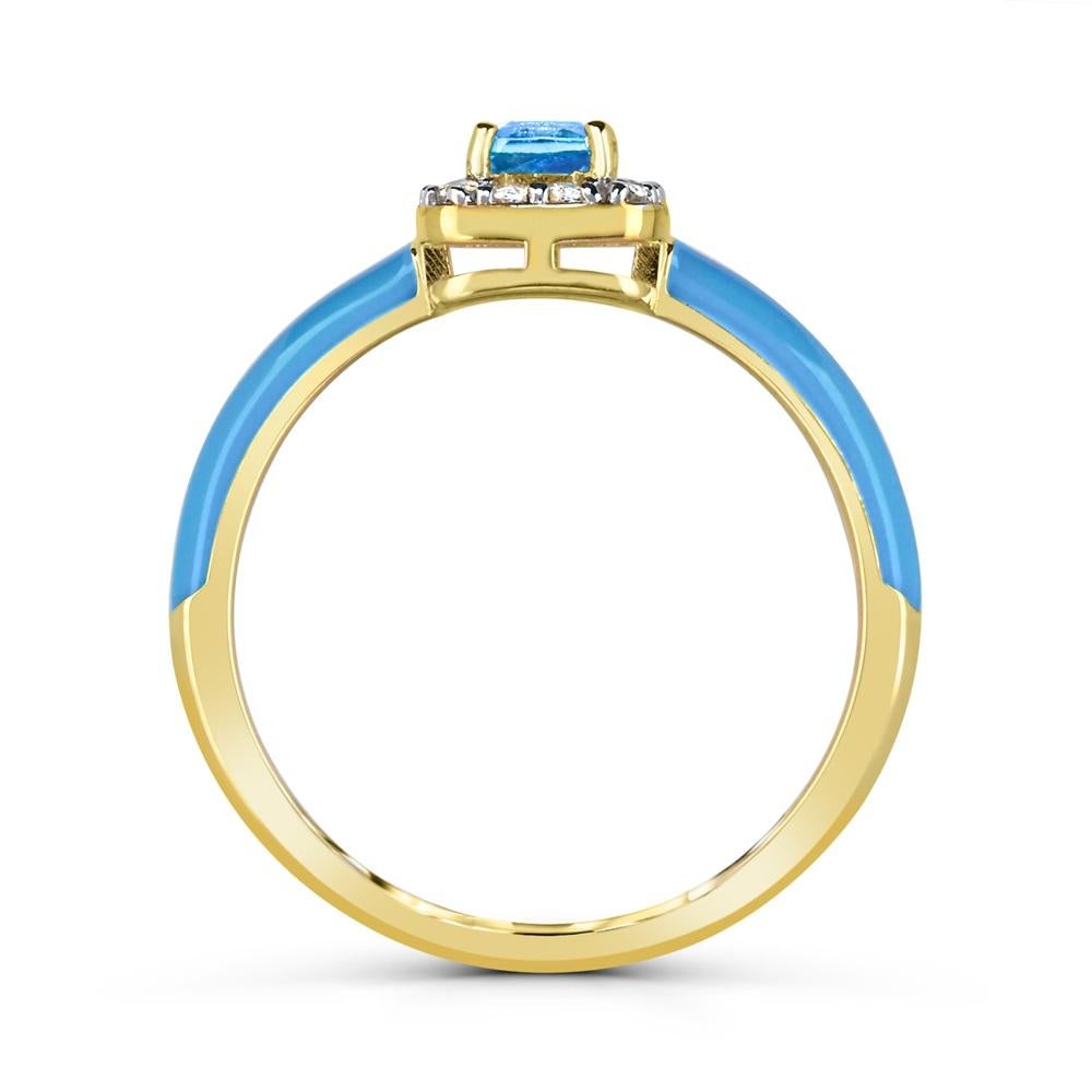 Antique Cushion Cut Blue Topaz and Created White Sapphire Enamel Slim Ring in 14K Gold over Silver For Sale