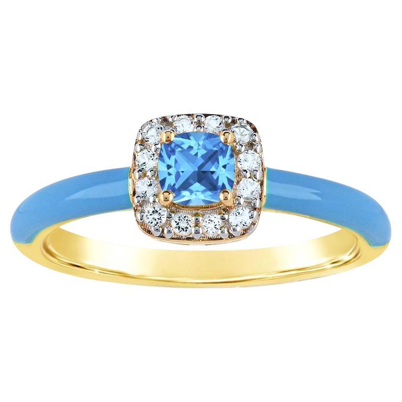 Blue Topaz and Created White Sapphire Enamel Slim Ring in 14K Gold over Silver For Sale