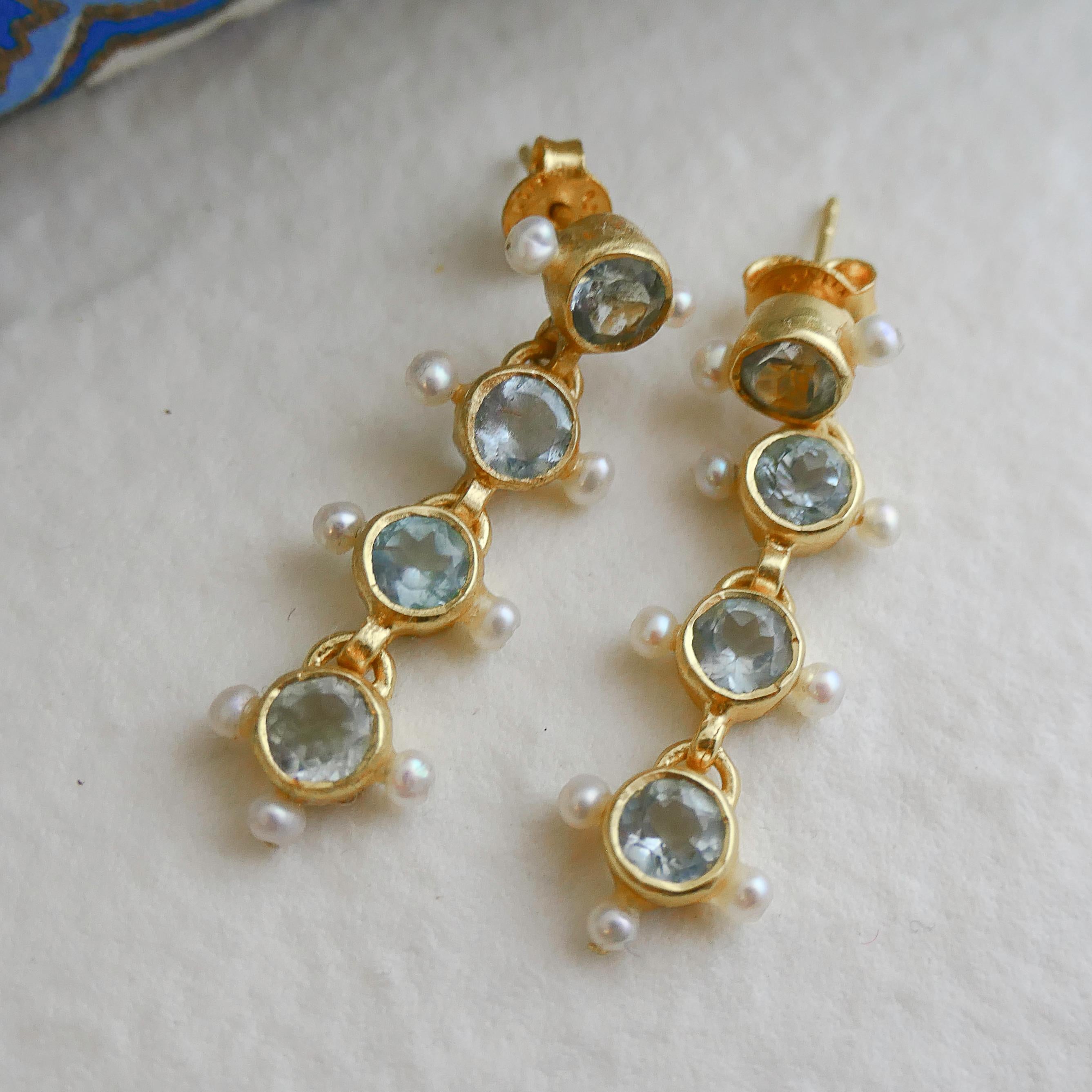 Blue Topaz and Cultured Pearl Gold Plated Sterling Silver Post Drop Earrings In New Condition For Sale In Oslo, 03