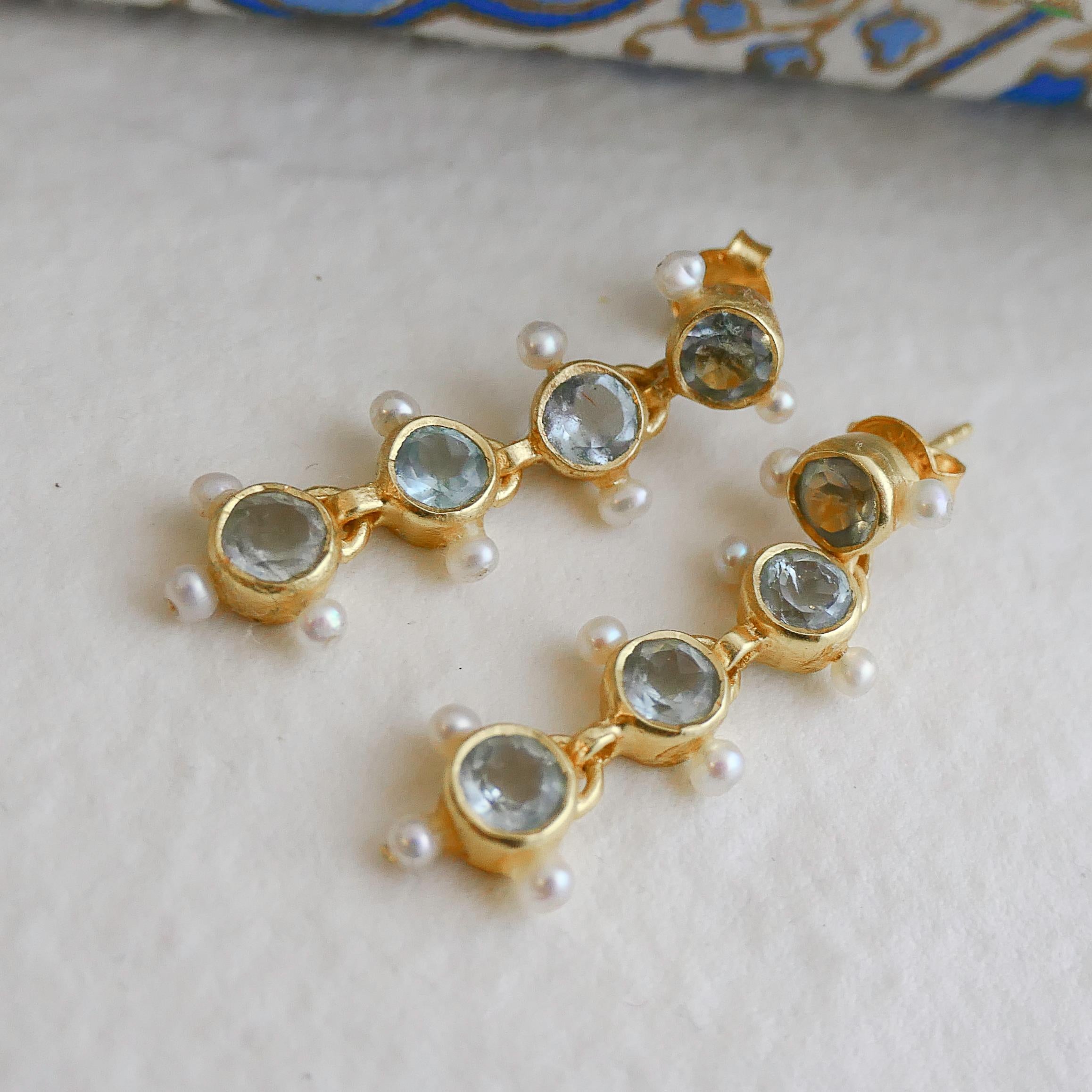 Women's Blue Topaz and Cultured Pearl Gold Plated Sterling Silver Post Drop Earrings For Sale