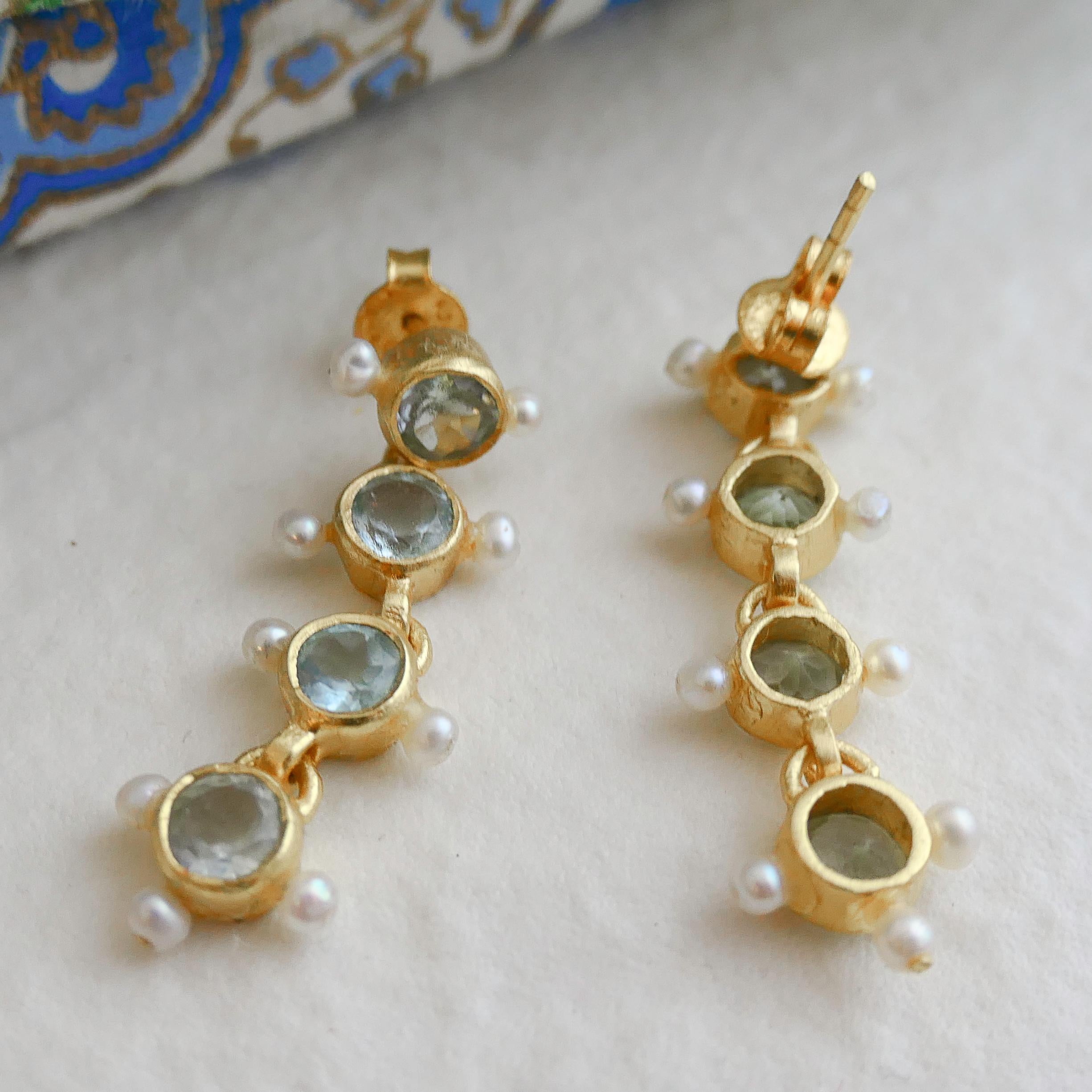 Blue Topaz and Cultured Pearl Gold Plated Sterling Silver Post Drop Earrings For Sale 1