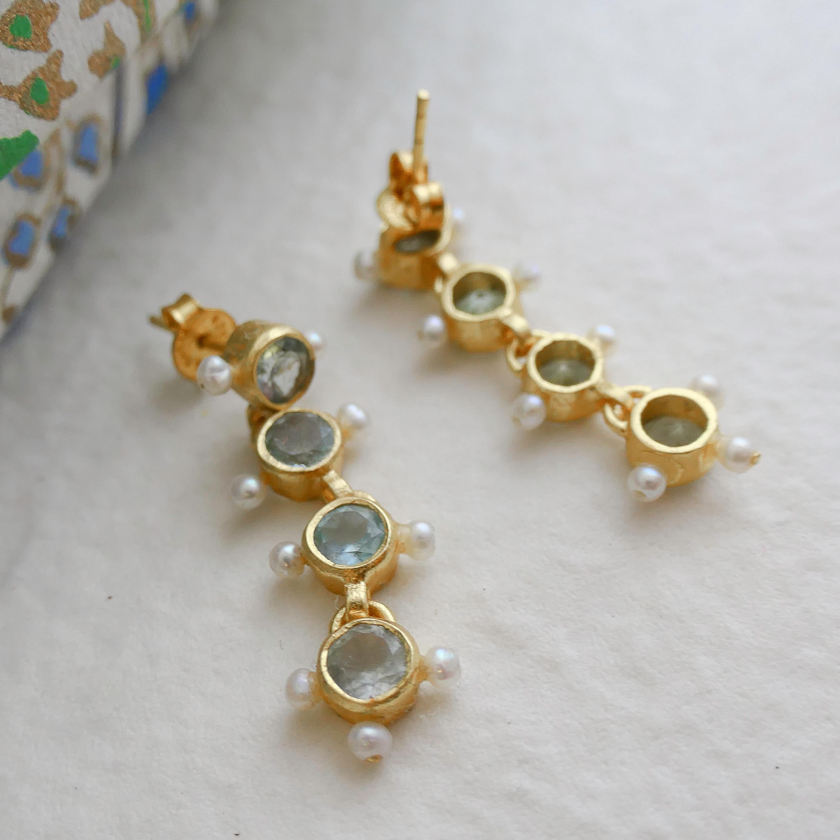 Blue Topaz and Cultured Pearl Gold Plated Sterling Silver Post Drop Earrings For Sale 2
