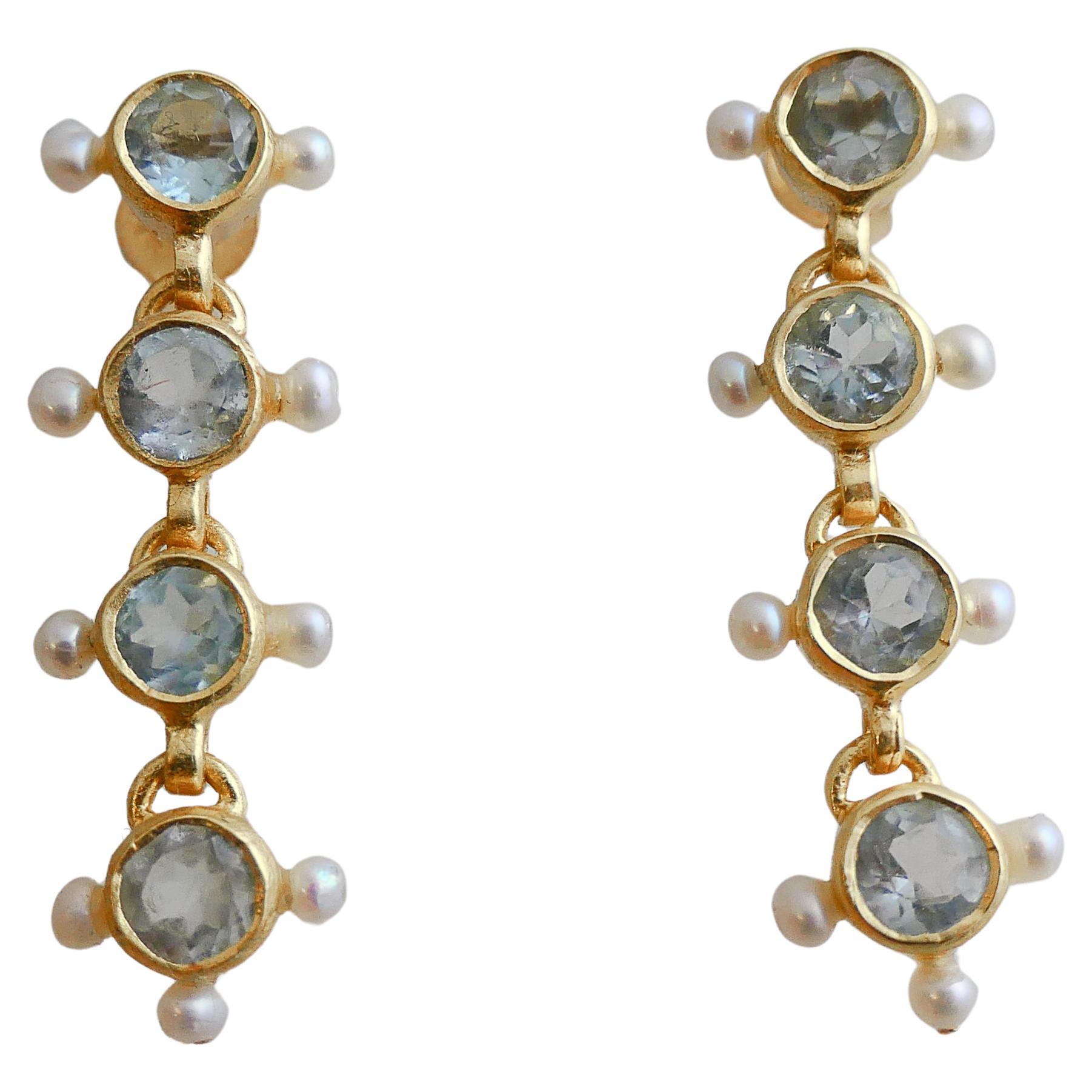 Blue Topaz and Cultured Pearl Gold Plated Sterling Silver Post Drop Earrings