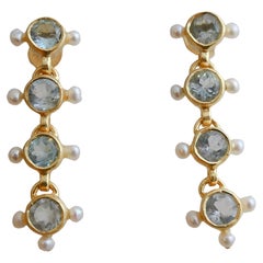 Topaze bleue et perles de culture Boucles d'oreilles pendantes en argent sterling plaqué or