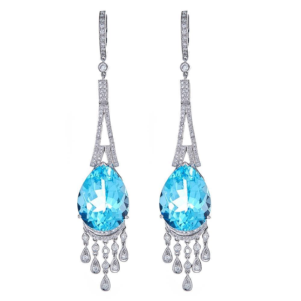 Light Blue Topaz Diamond Accent Drop Dangling Earring in 18k White Gold InStock