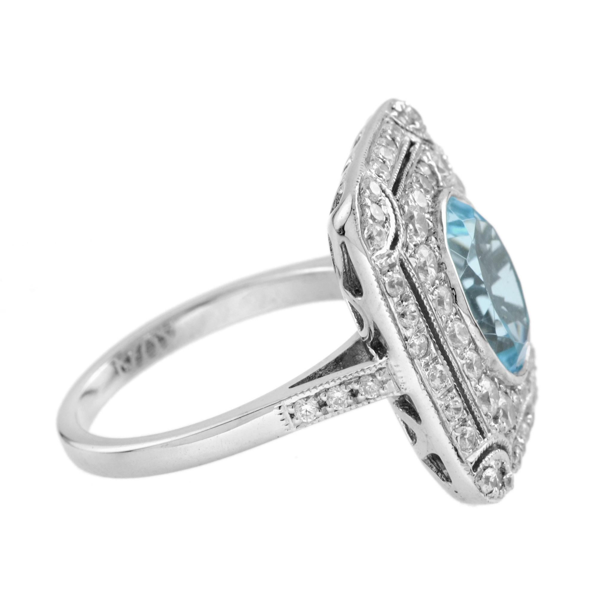 Aquamarine and Diamond Art Deco Style Cocktail Ring in 18K White Gold In New Condition For Sale In Bangkok, TH