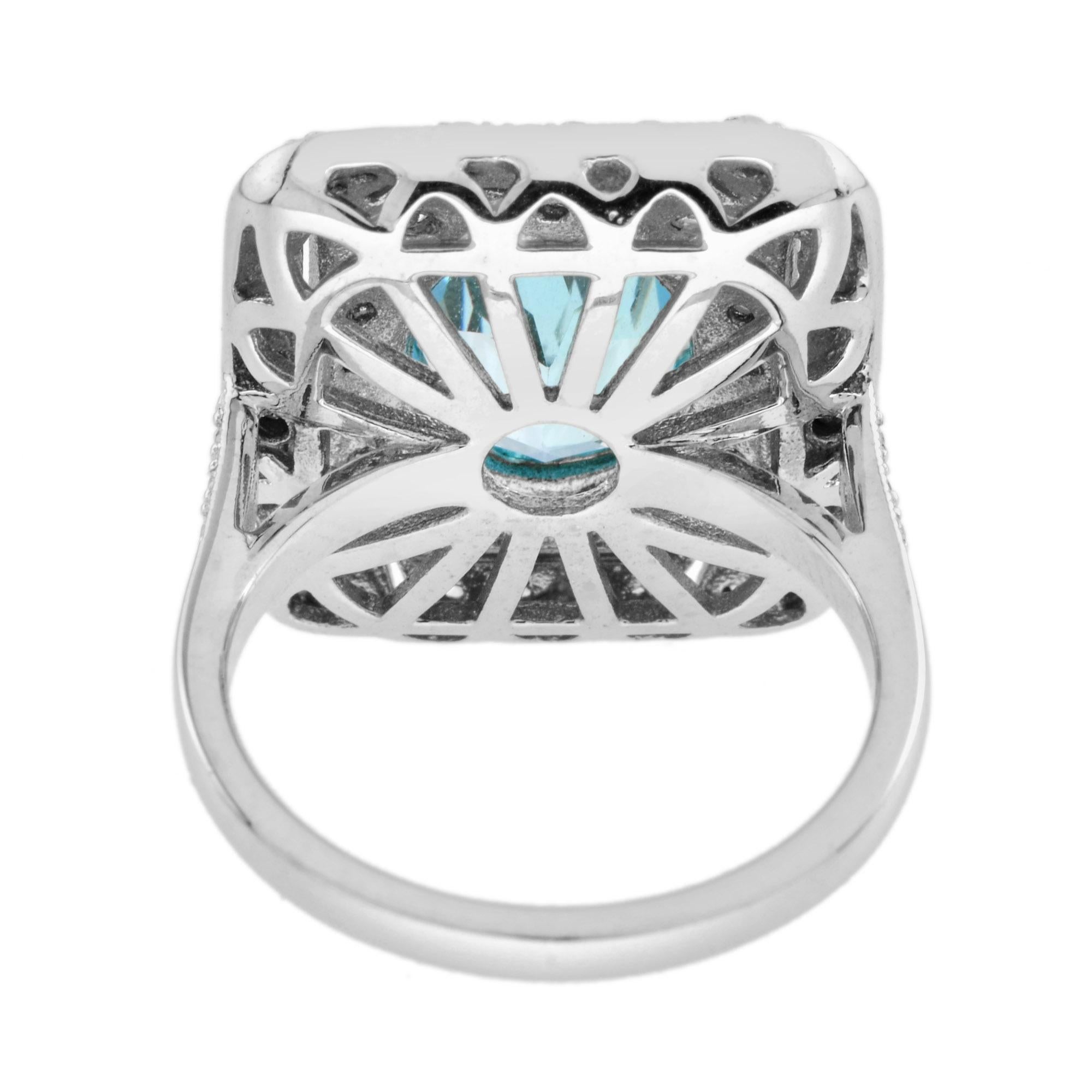 Women's Aquamarine and Diamond Art Deco Style Cocktail Ring in 18K White Gold For Sale