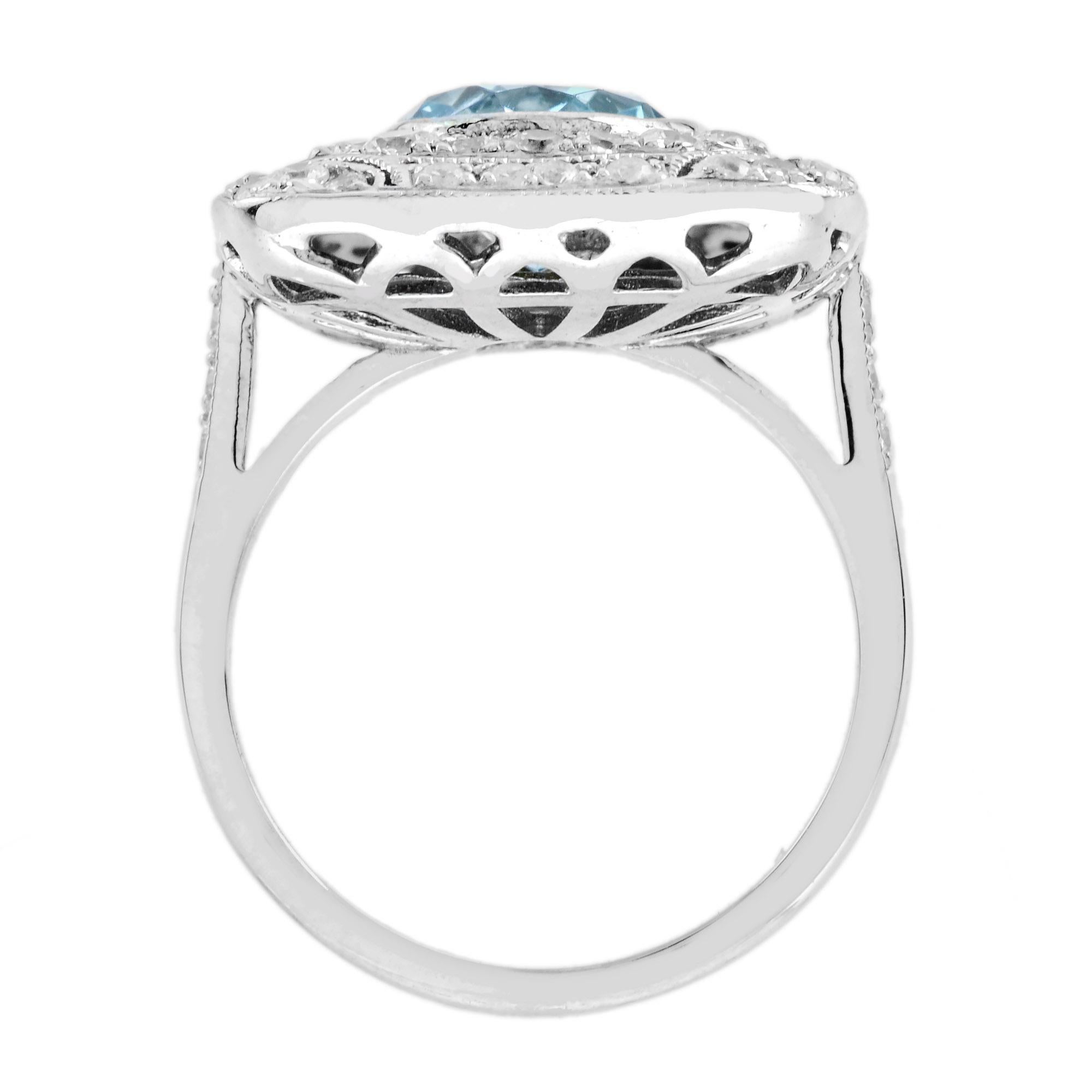 Aquamarine and Diamond Art Deco Style Cocktail Ring in 18K White Gold For Sale 1