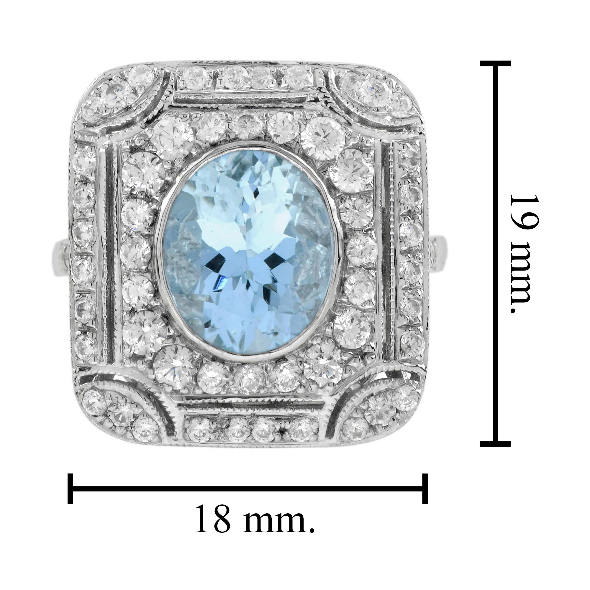 Aquamarine and Diamond Art Deco Style Cocktail Ring in 18K White Gold For Sale 2