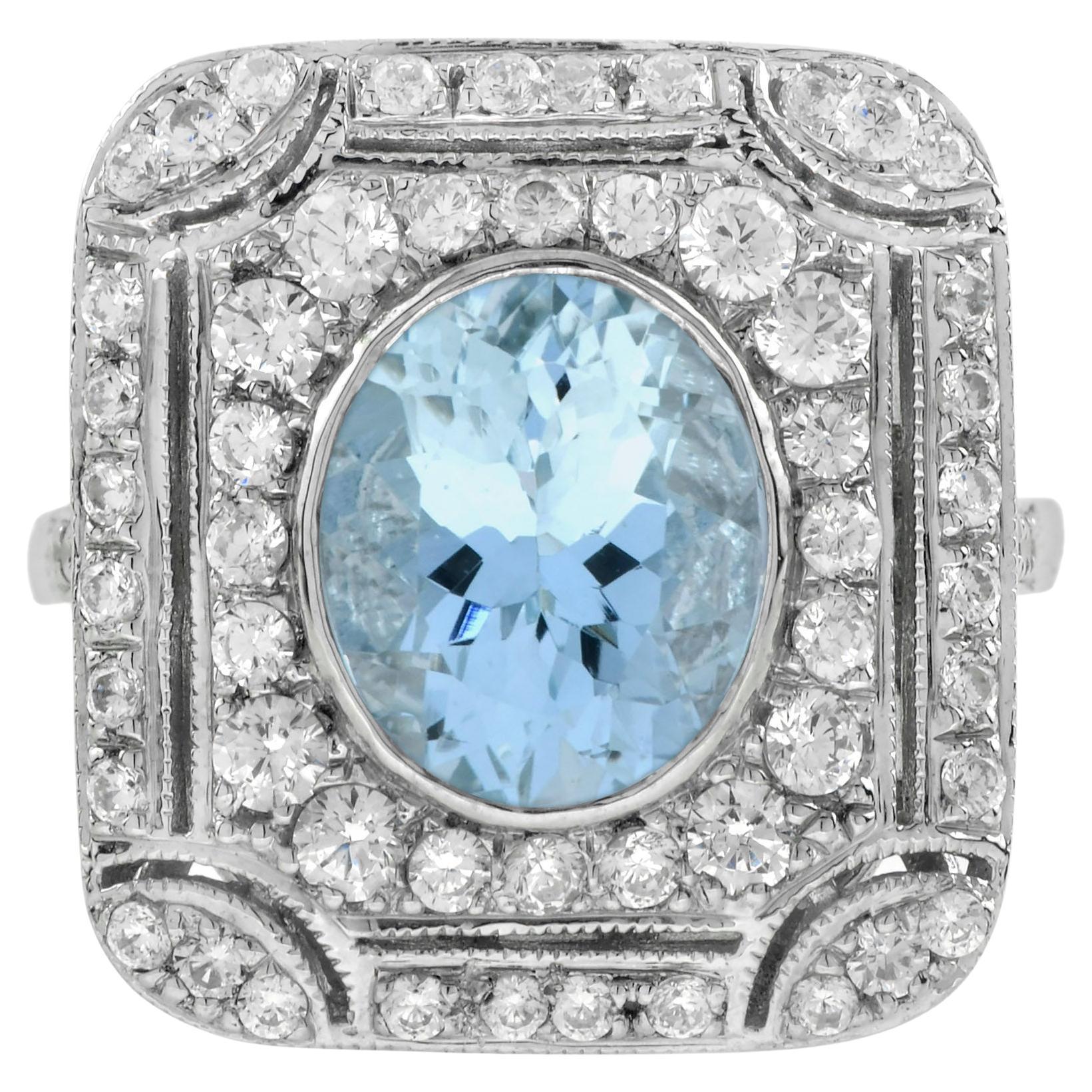 Blue Topaz and Diamond Art Deco Style Cocktail Ring in 18K White Gold