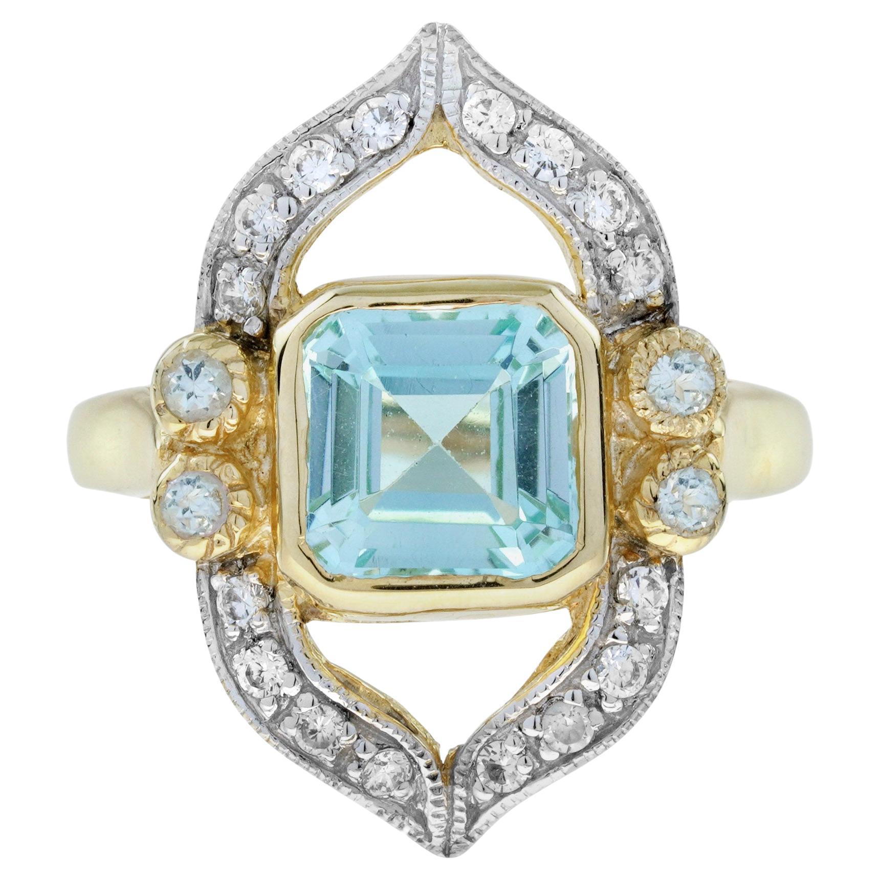 Bague cocktail en or jaune 9K, topaze bleue et diamant de style Art déco