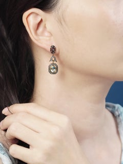 Blue Topaz and Diamond Art Deco Style Dangle Earrings in 9K Yellow Gold
