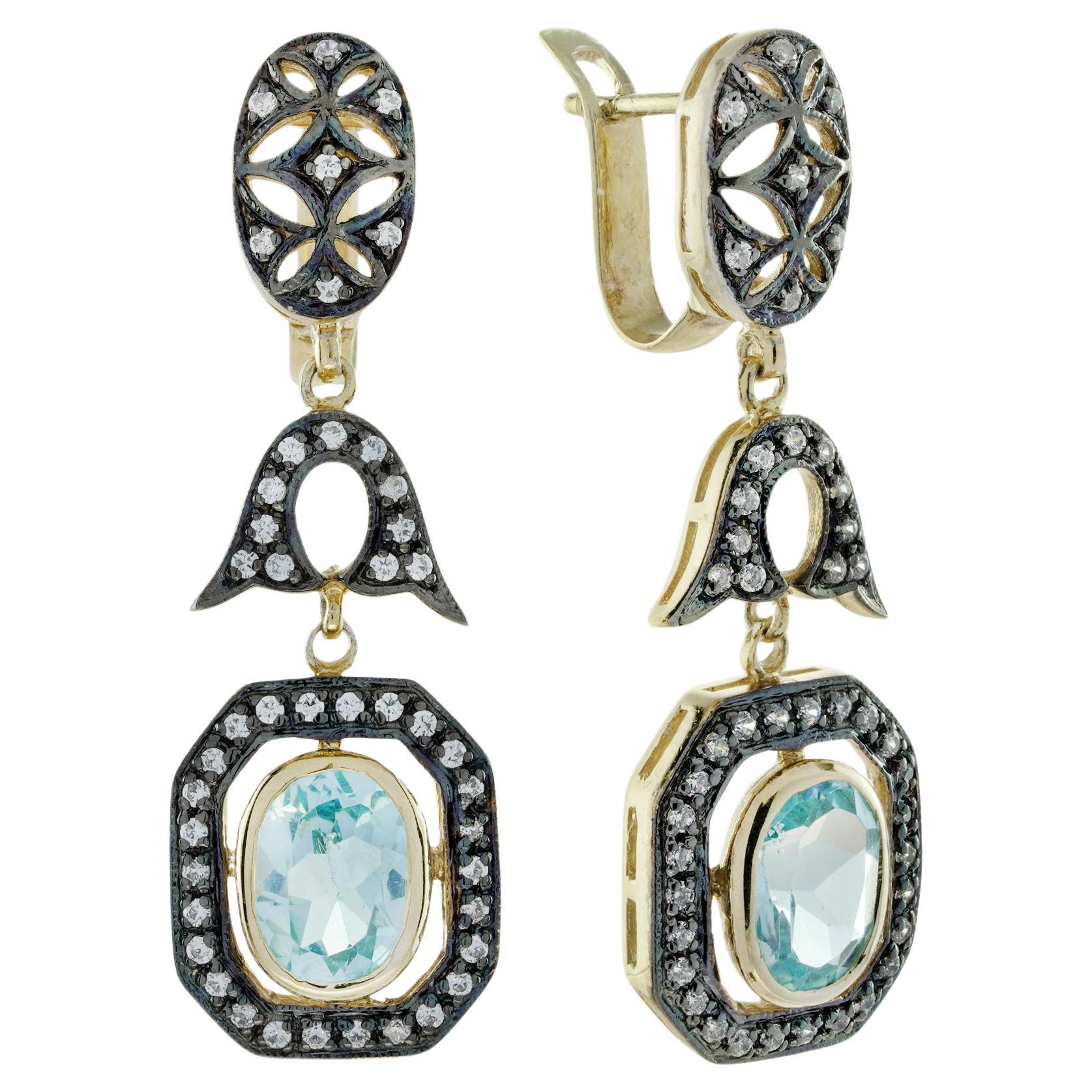 Orecchini pendenti in oro giallo 9 carati con topazio blu e diamanti in stile Art Déco