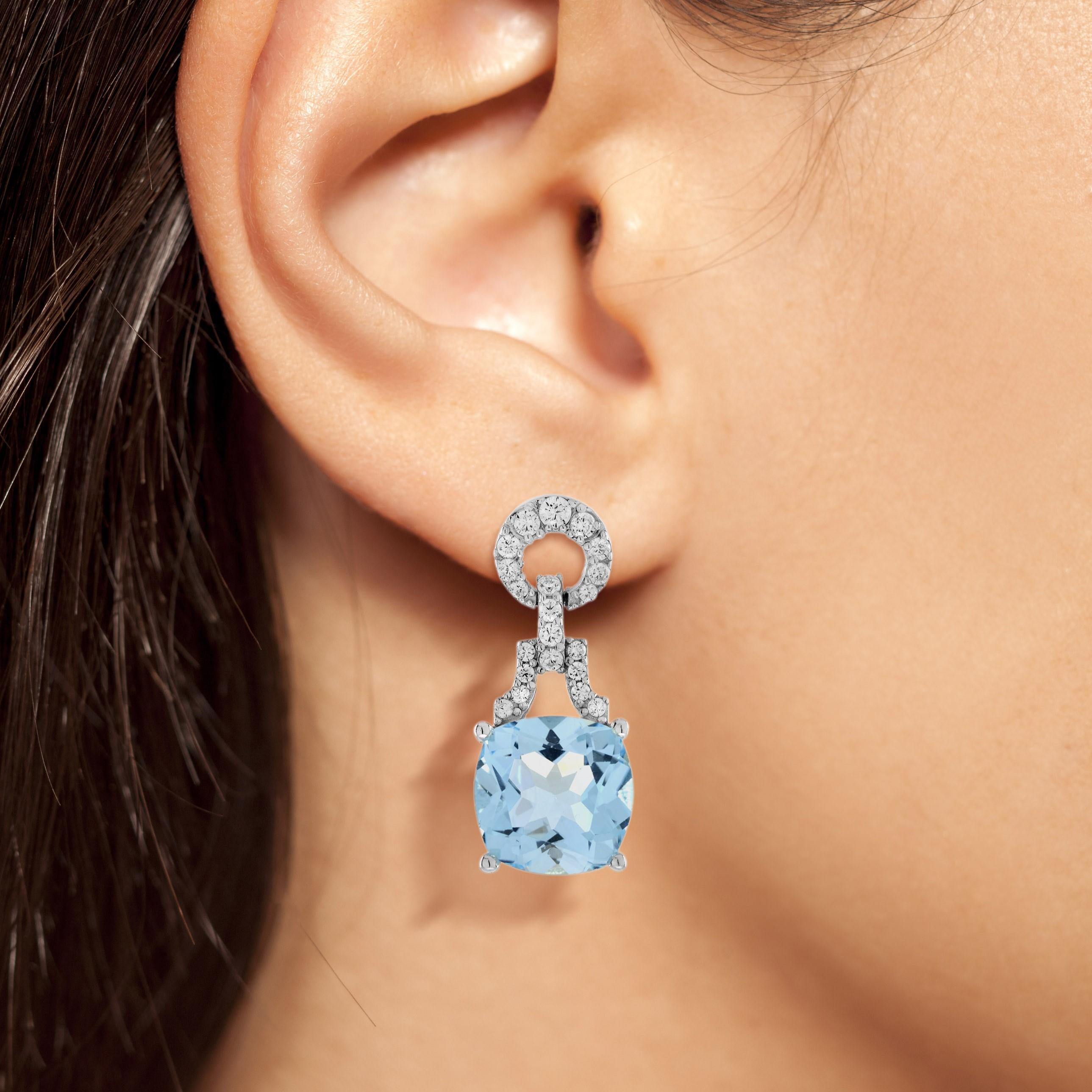 Women's Blue Topaz and Diamond Art Deco Style Drop Earrings in 14k White Gold For Sale