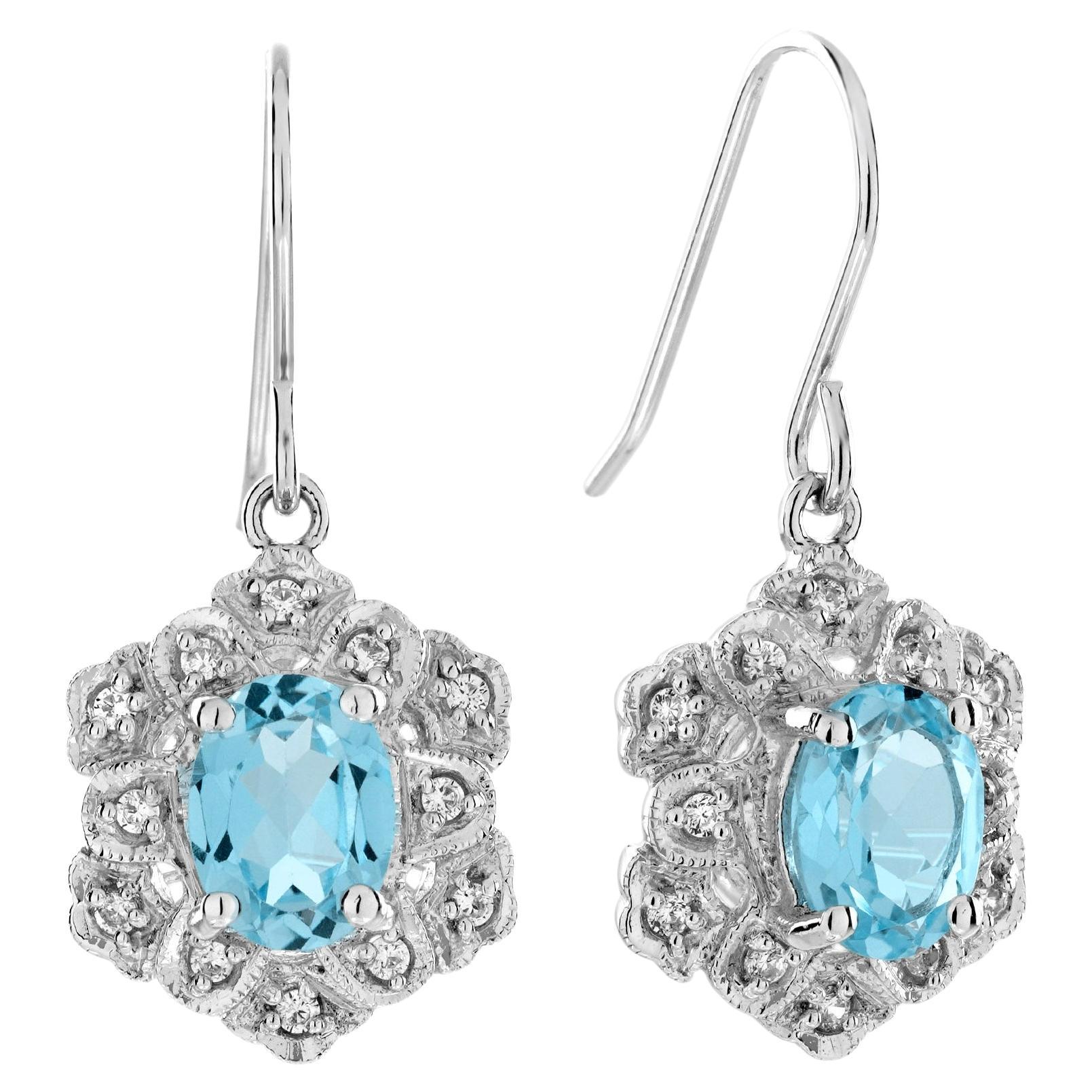 Boucles d'oreilles pendantes en or blanc 9K avec topaze bleue et diamant de style Art Déco
