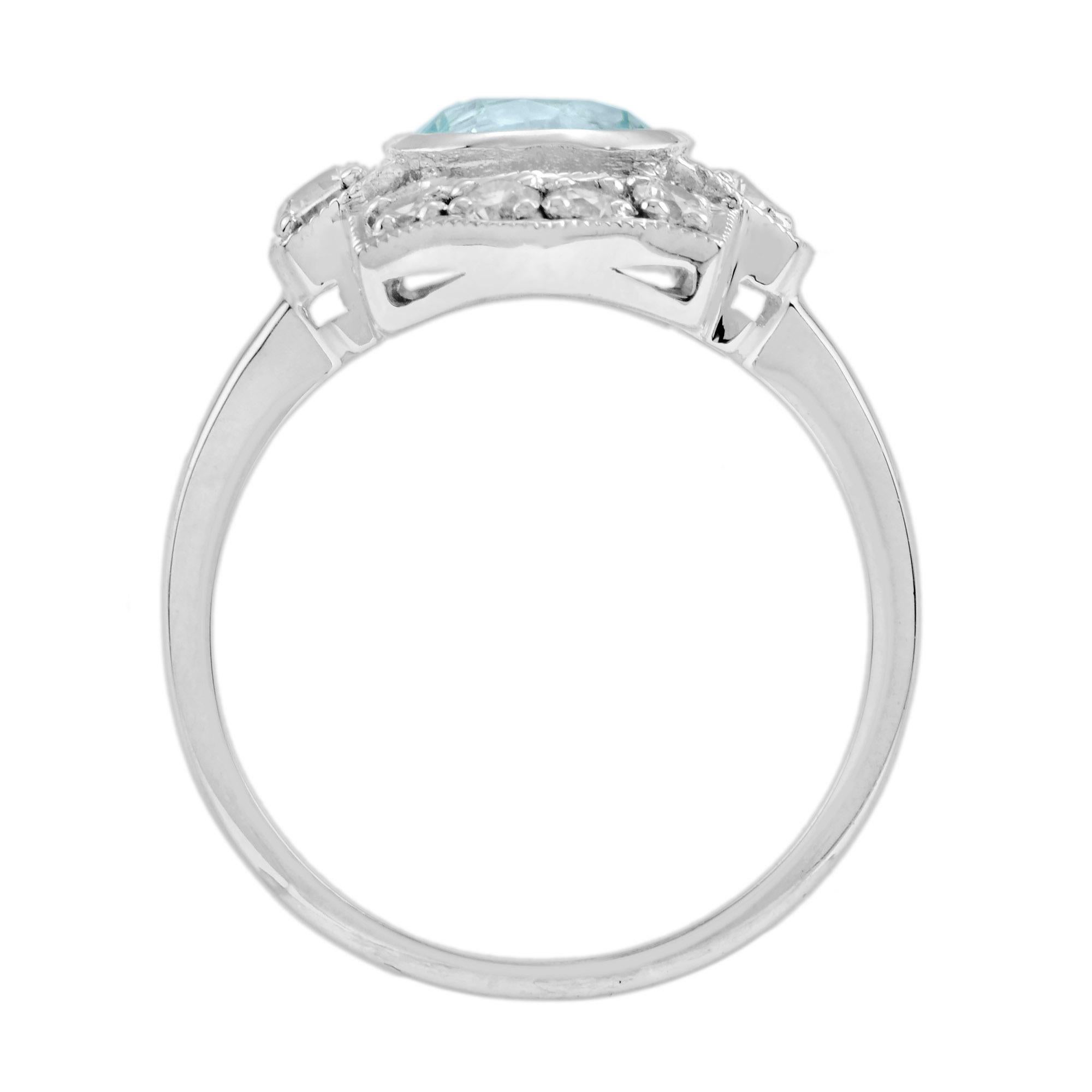 Women's Blue Topaz and Diamond Art Deco Style Halo Ring in 14k White Gold For Sale