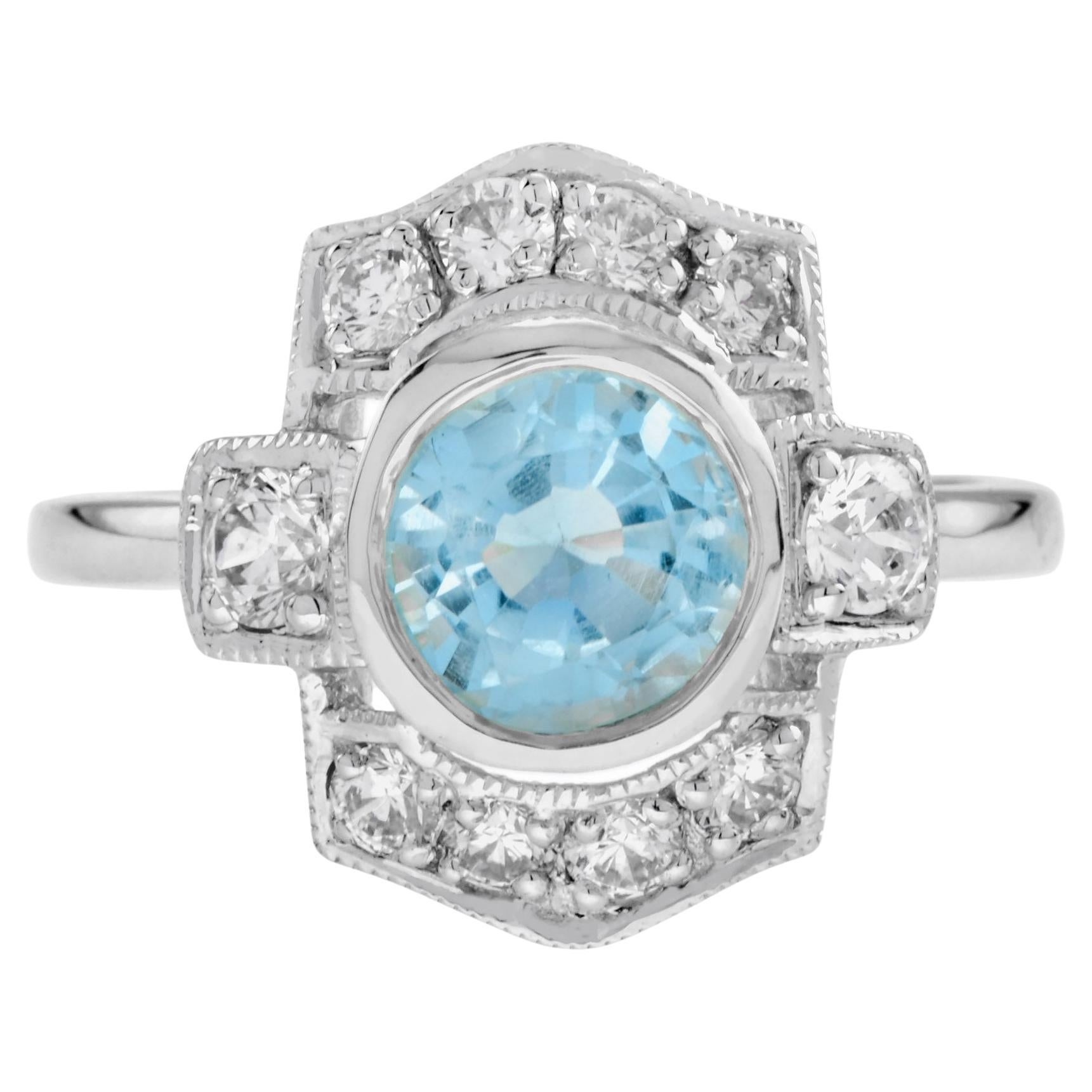 Blue Topaz and Diamond Art Deco Style Halo Ring in 14k White Gold For Sale