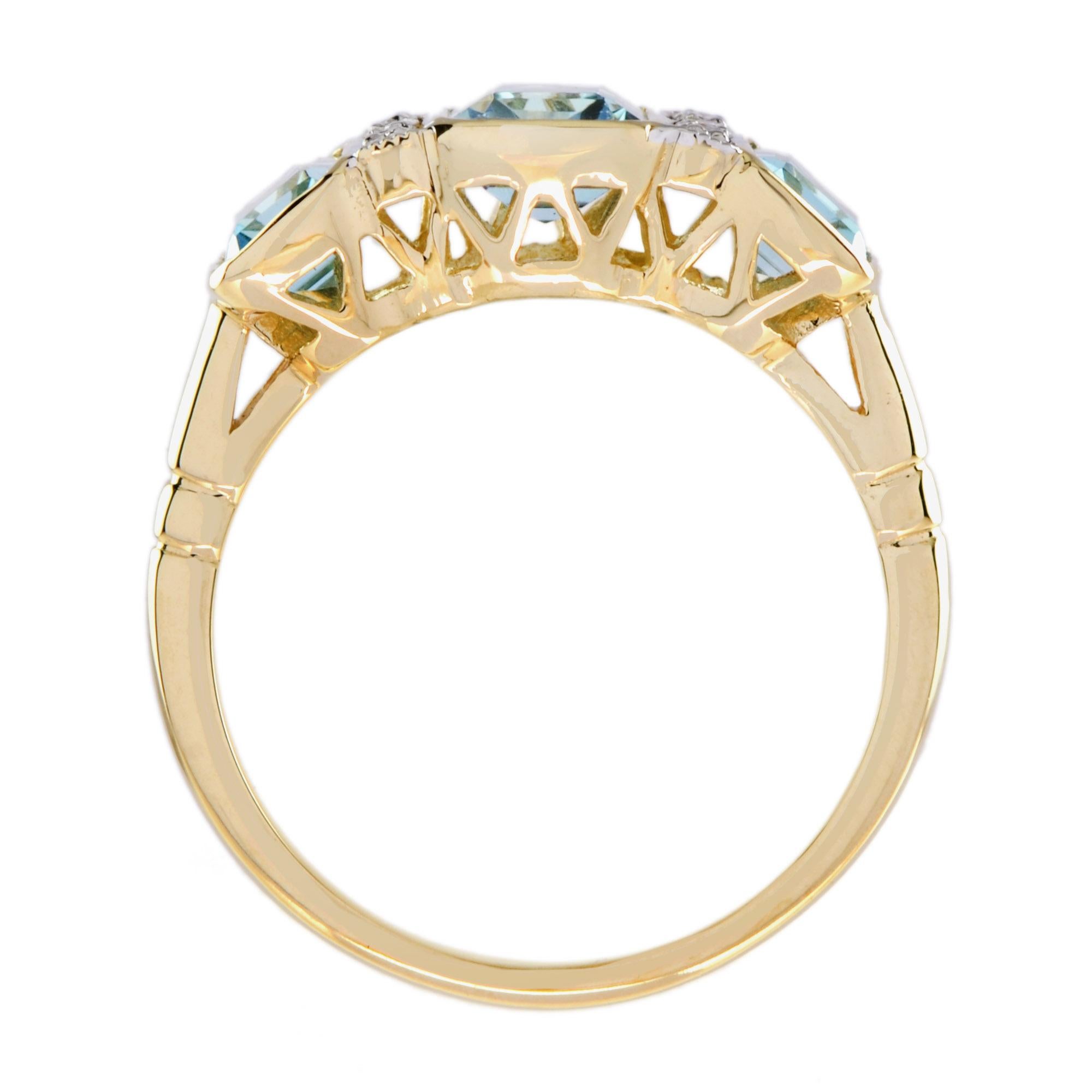 Dreisteinring aus 14 Karat Gelbgold mit blauem Topas und Diamanten im Art-déco-Stil Damen im Angebot