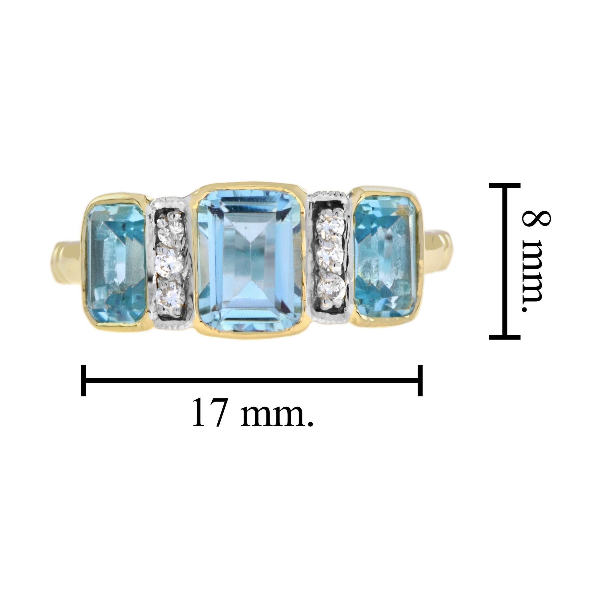 Dreisteinring aus 14 Karat Gelbgold mit blauem Topas und Diamanten im Art-déco-Stil im Angebot 1