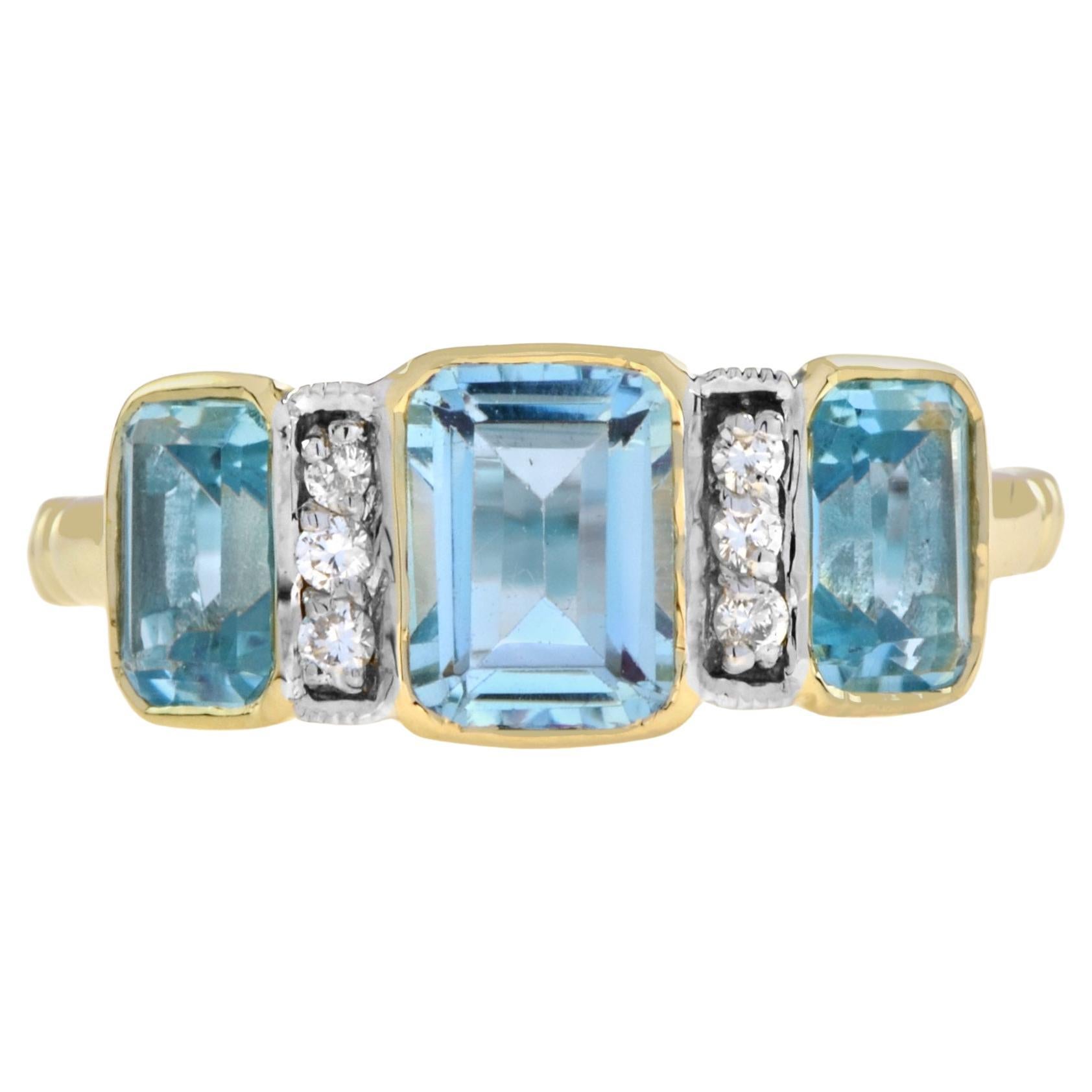 Dreisteinring aus 14 Karat Gelbgold mit blauem Topas und Diamanten im Art-déco-Stil im Angebot