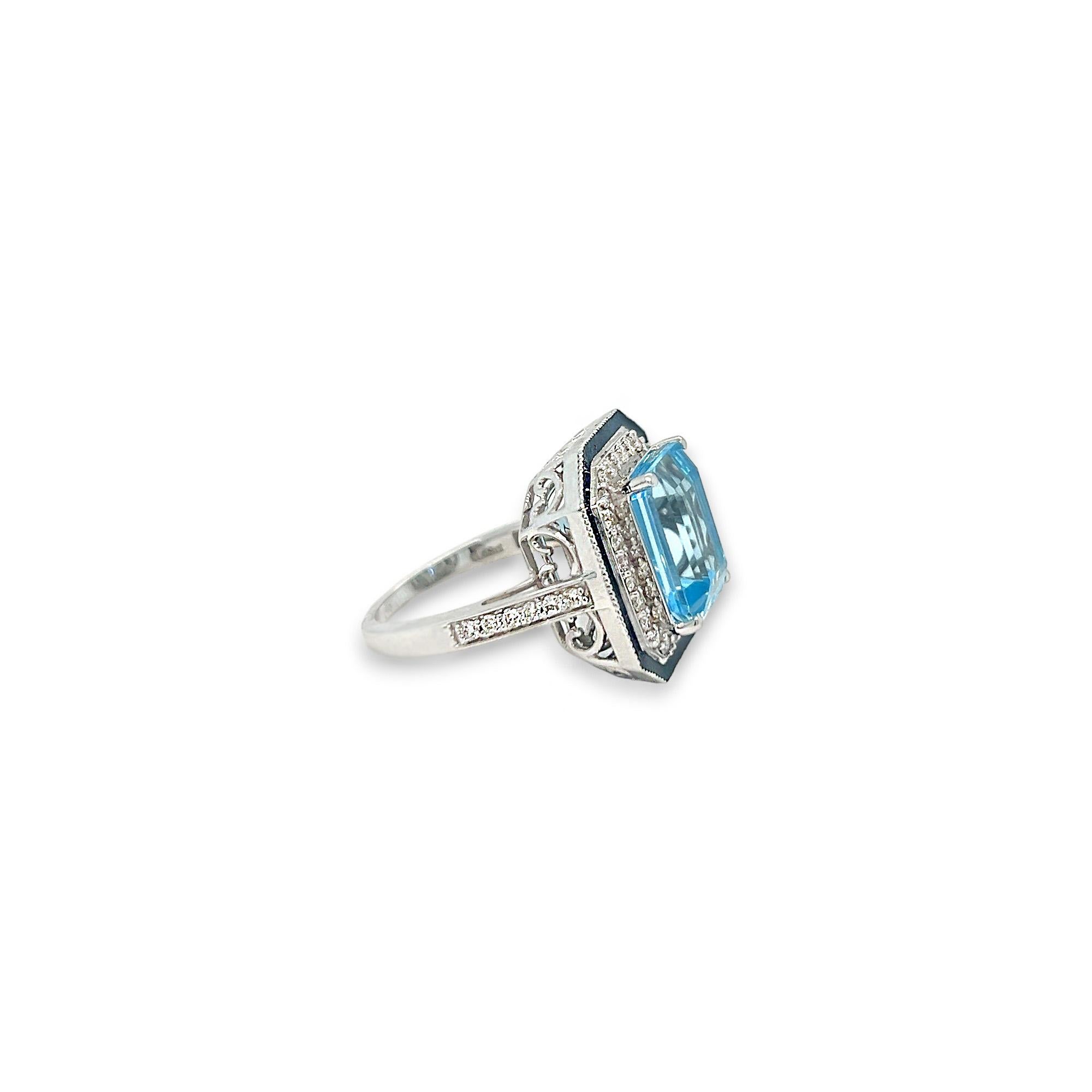Emerald Cut Blue Topaz and Diamond Black Enamel Statement Ring For Sale