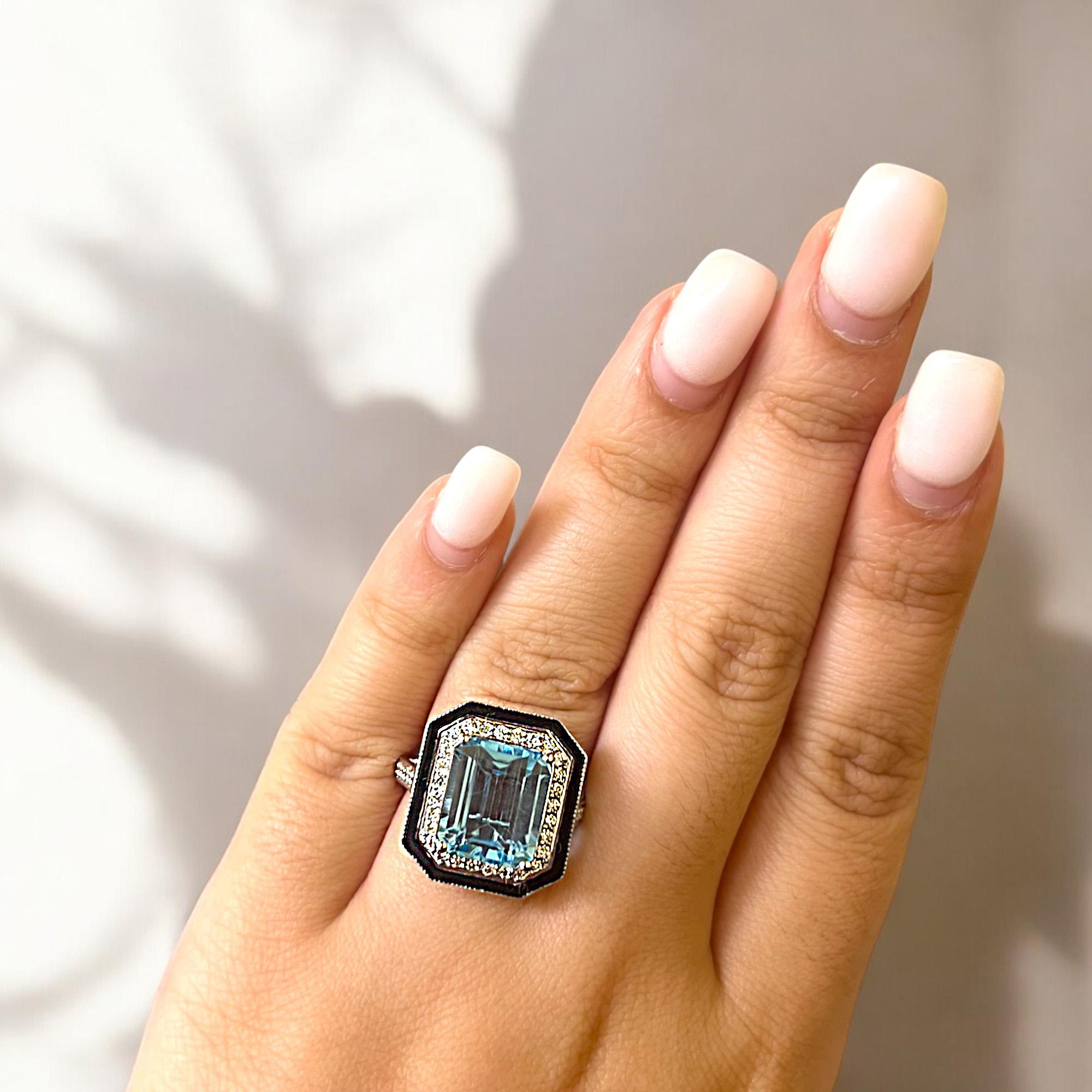 Women's or Men's Blue Topaz and Diamond Black Enamel Statement Ring For Sale